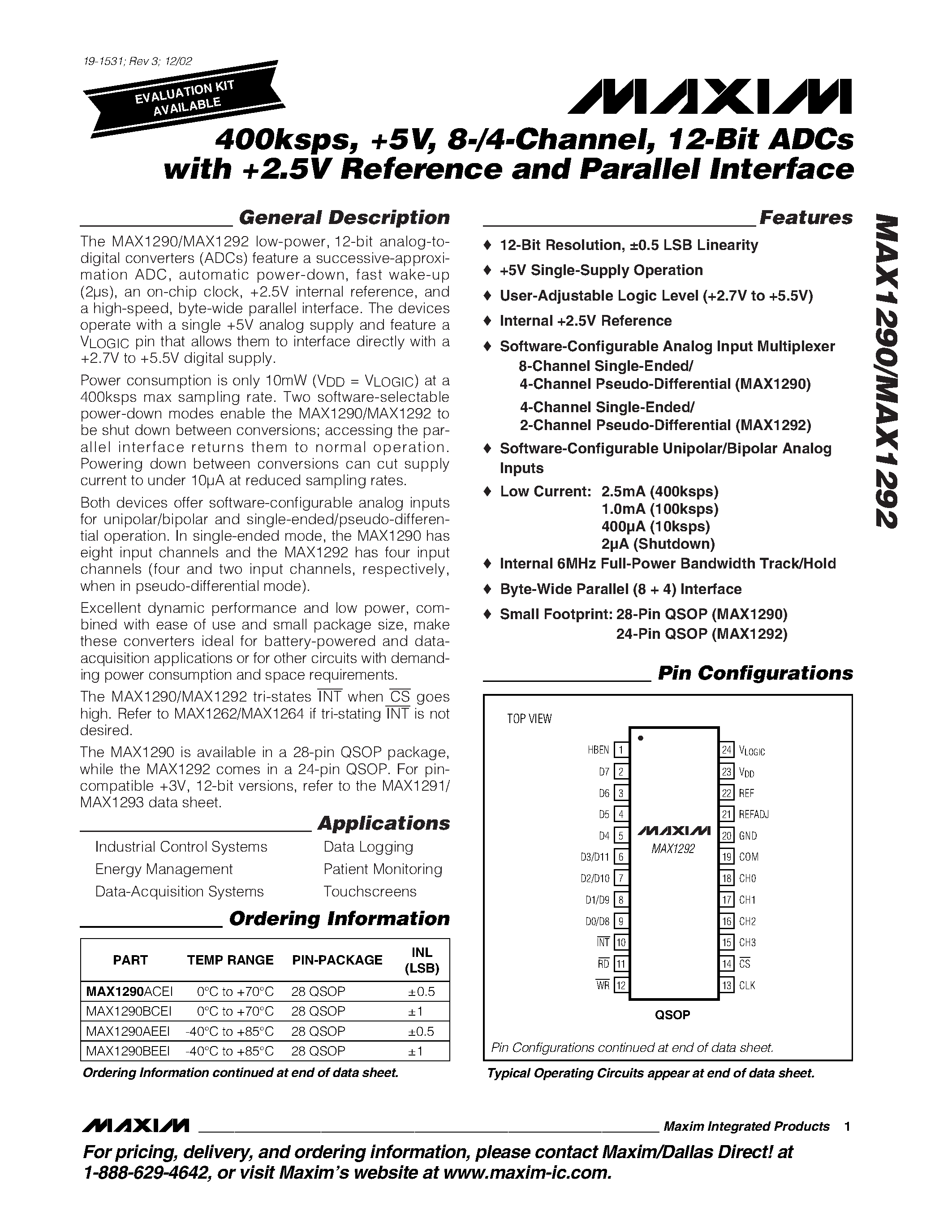 Datasheet MAX1290AEEI - 400ksps / +5V / 8-/4-Channel / 12-Bit ADCs with +2.5V Reference and Parallel Interface page 1
