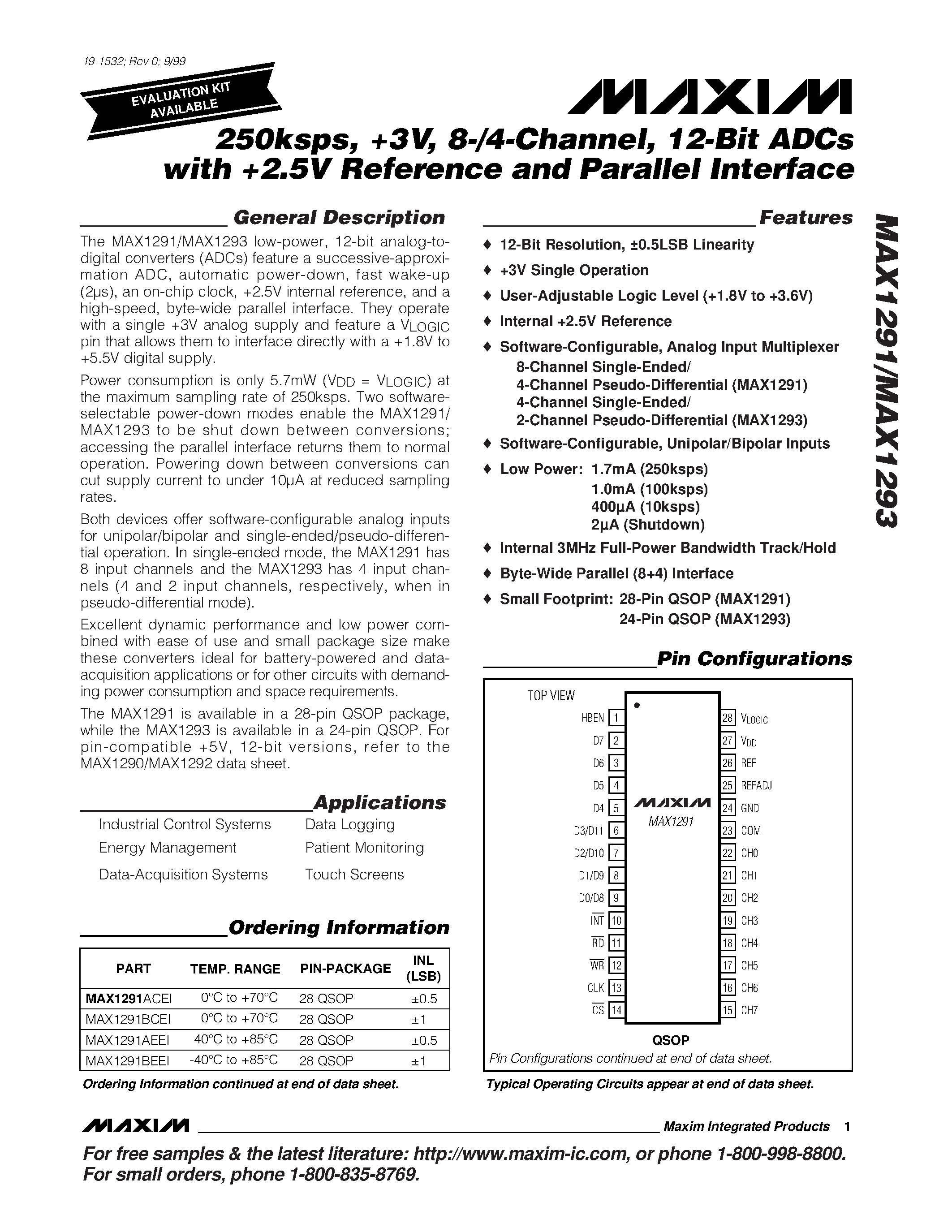 Datasheet MAX1291BCEI - 250ksps / +3V / 8-/4-Channel / 12-Bit ADCs with +2.5V Reference and Parallel Interface page 1