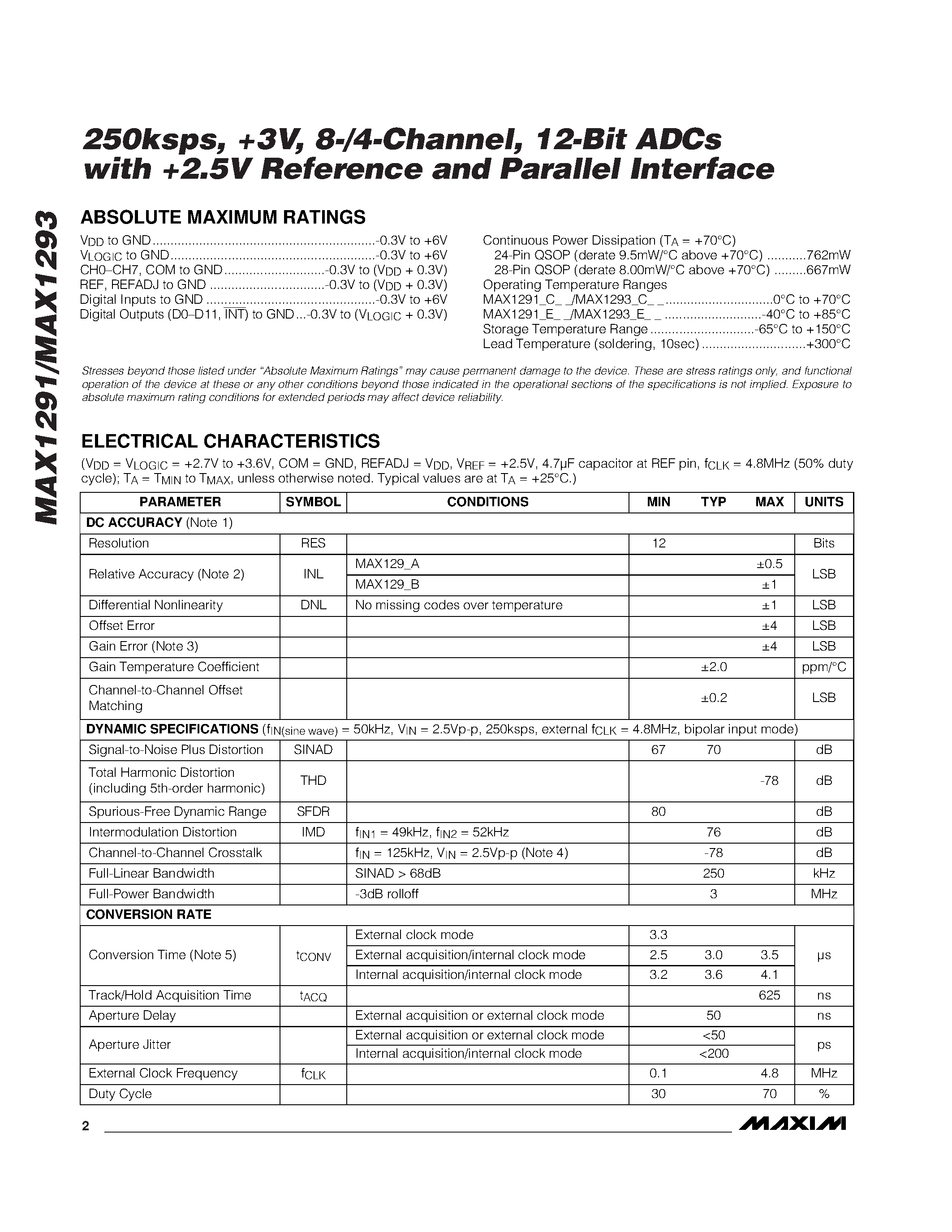 Datasheet MAX1293BEEG page 2 Datasheet MAX1293BEEG - 250ksps / +3V / 8-/4-Channel / 12-Bit ADCs with +2.5V Reference and Parallel Interface page 2