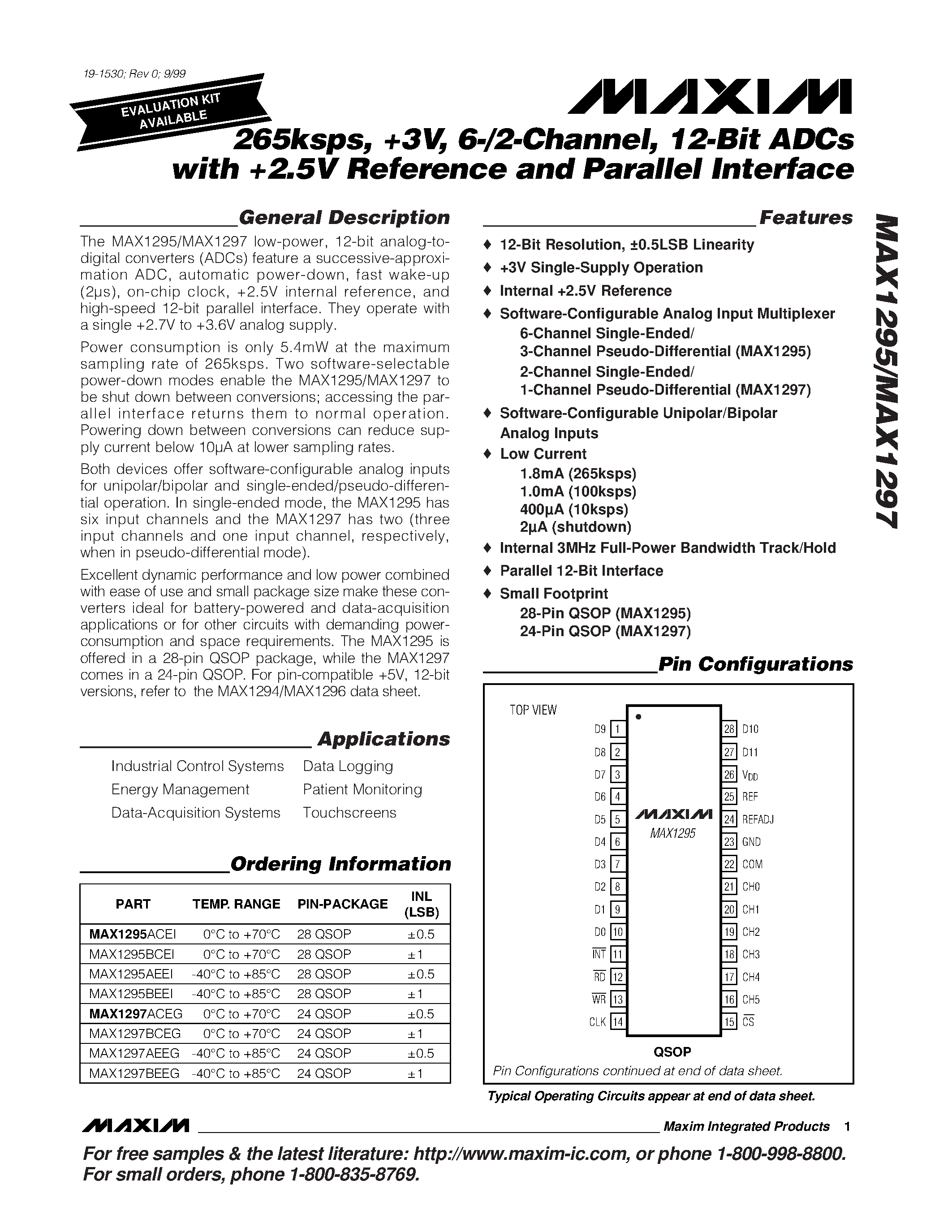 Даташит MAX1295AEEI - 265ksps / +3V / 6-/2-Channel / 12-Bit ADCs with +2.5V Reference and Parallel Interface страница 1