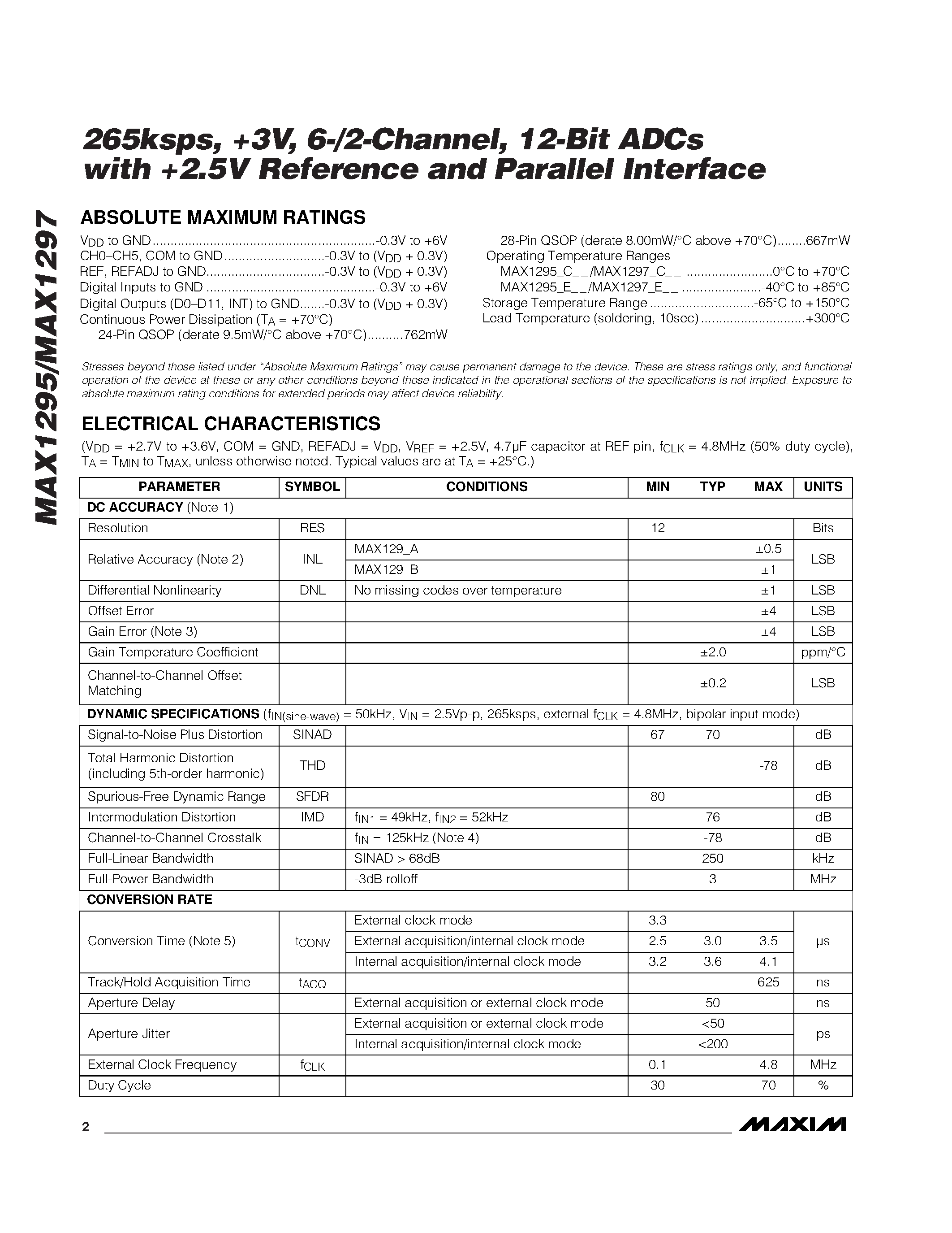 Даташит MAX1295AEEI - 265ksps / +3V / 6-/2-Channel / 12-Bit ADCs with +2.5V Reference and Parallel Interface страница 2