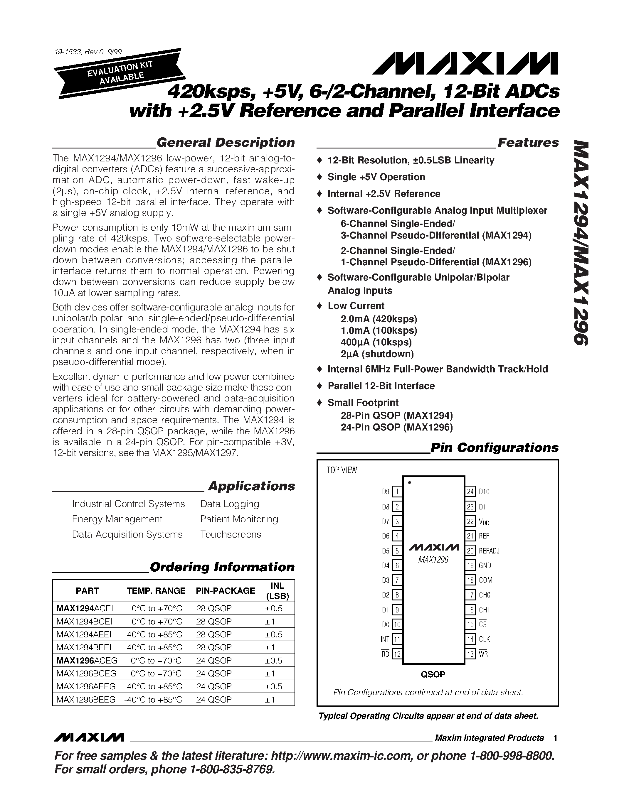 Даташит MAX1296AEEG - 420ksps / +5V / 6-/2-Channel / 12-Bit ADCs with +2.5V Reference and Parallel Interface страница 1
