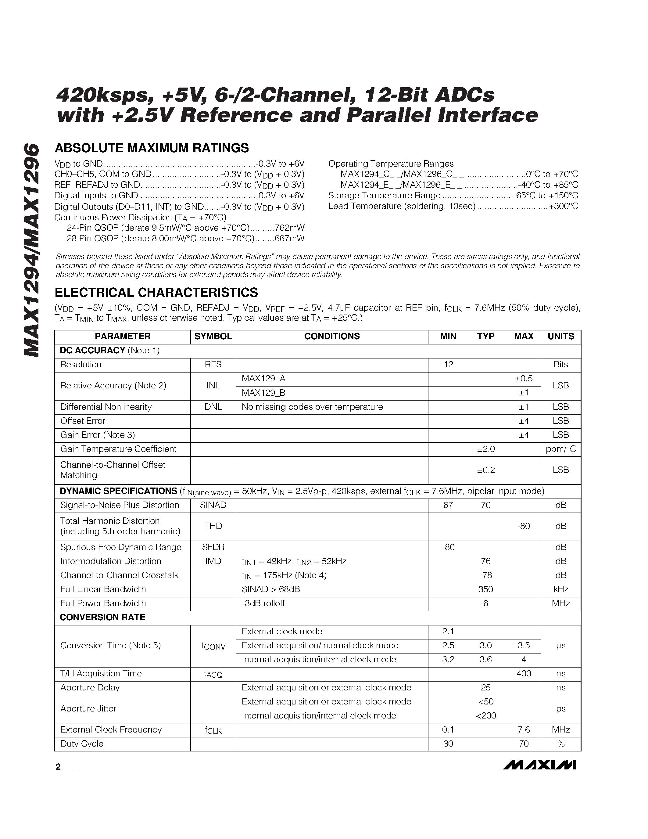 Даташит MAX1296BEEG - 420ksps / +5V / 6-/2-Channel / 12-Bit ADCs with +2.5V Reference and Parallel Interface страница 2