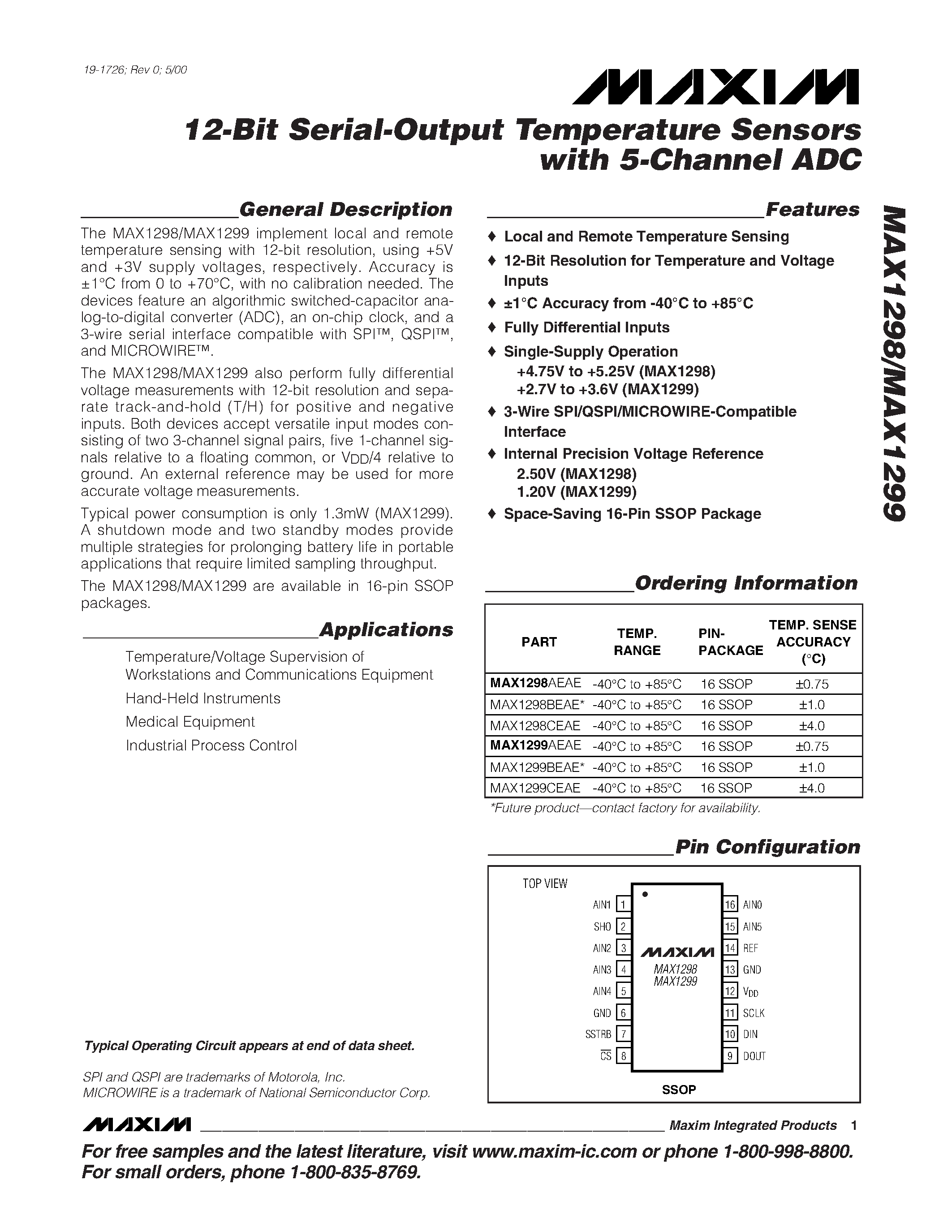 Datasheet MAX1298CEAE - 12-Bit Serial-Output Temperature Sensors with 5-Channel ADC page 1