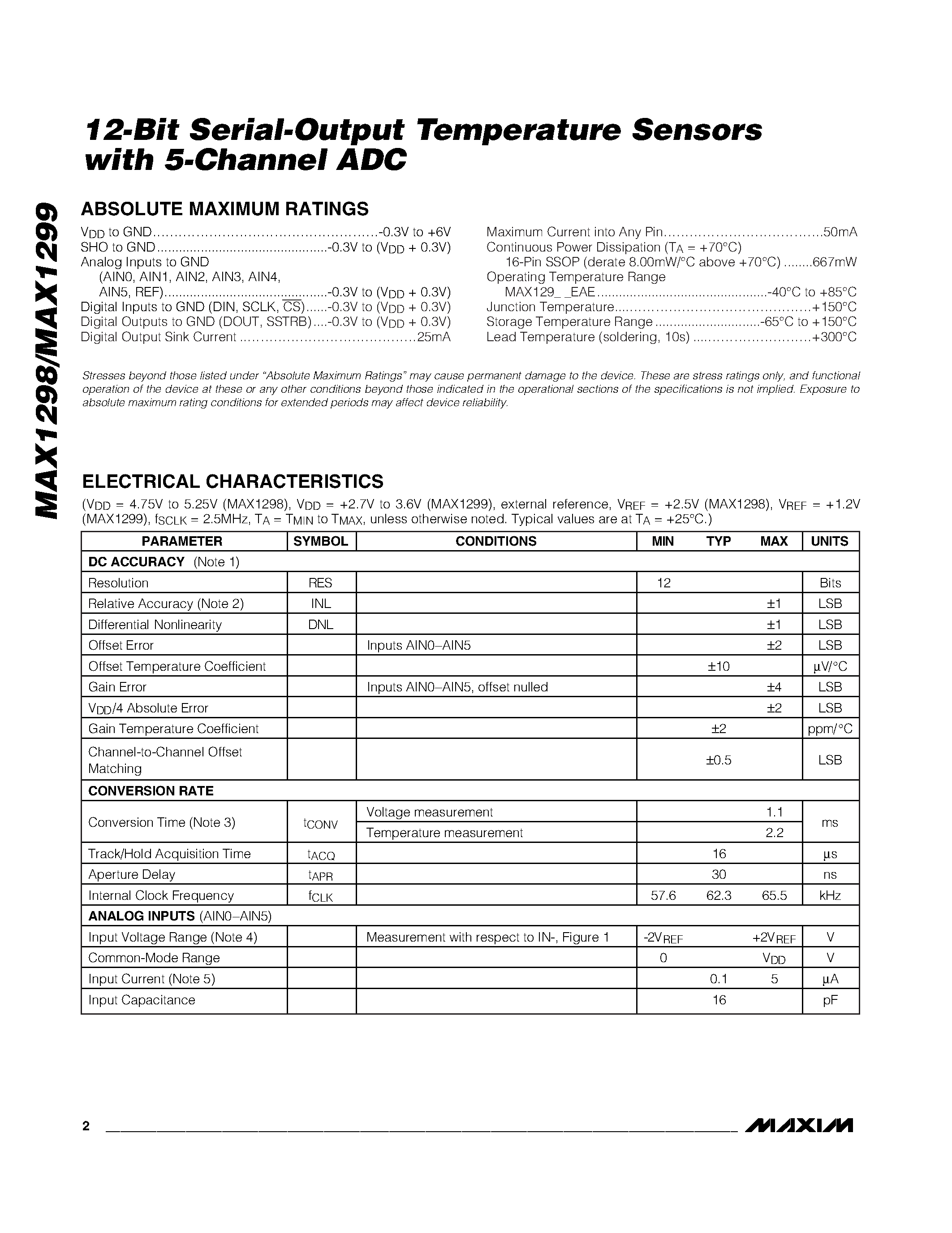 Datasheet MAX1299CEAE - 12-Bit Serial-Output Temperature Sensors with 5-Channel ADC page 2
