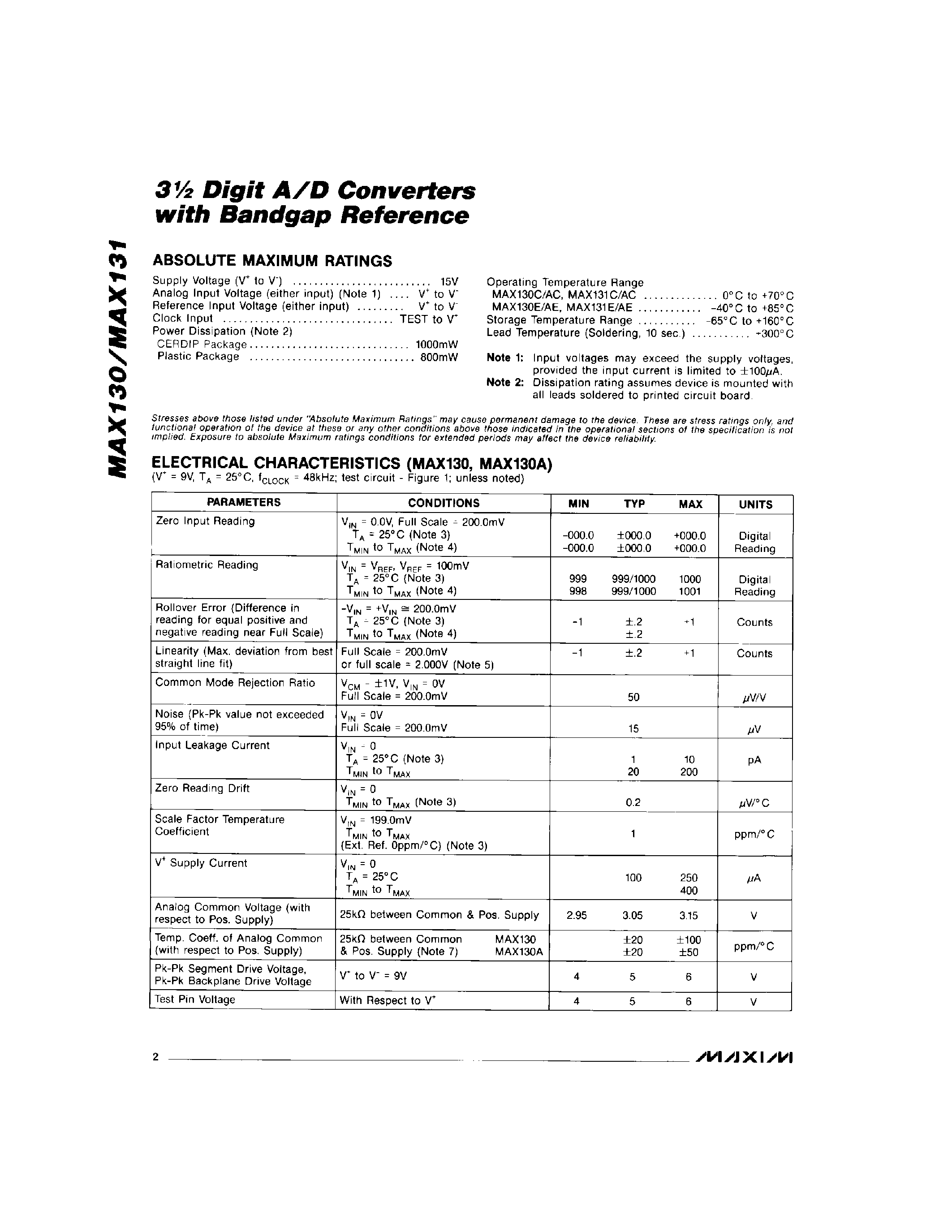 Даташит MAX131AEPL - 3 Digit A/D Converters with Bandgap Refrence страница 2