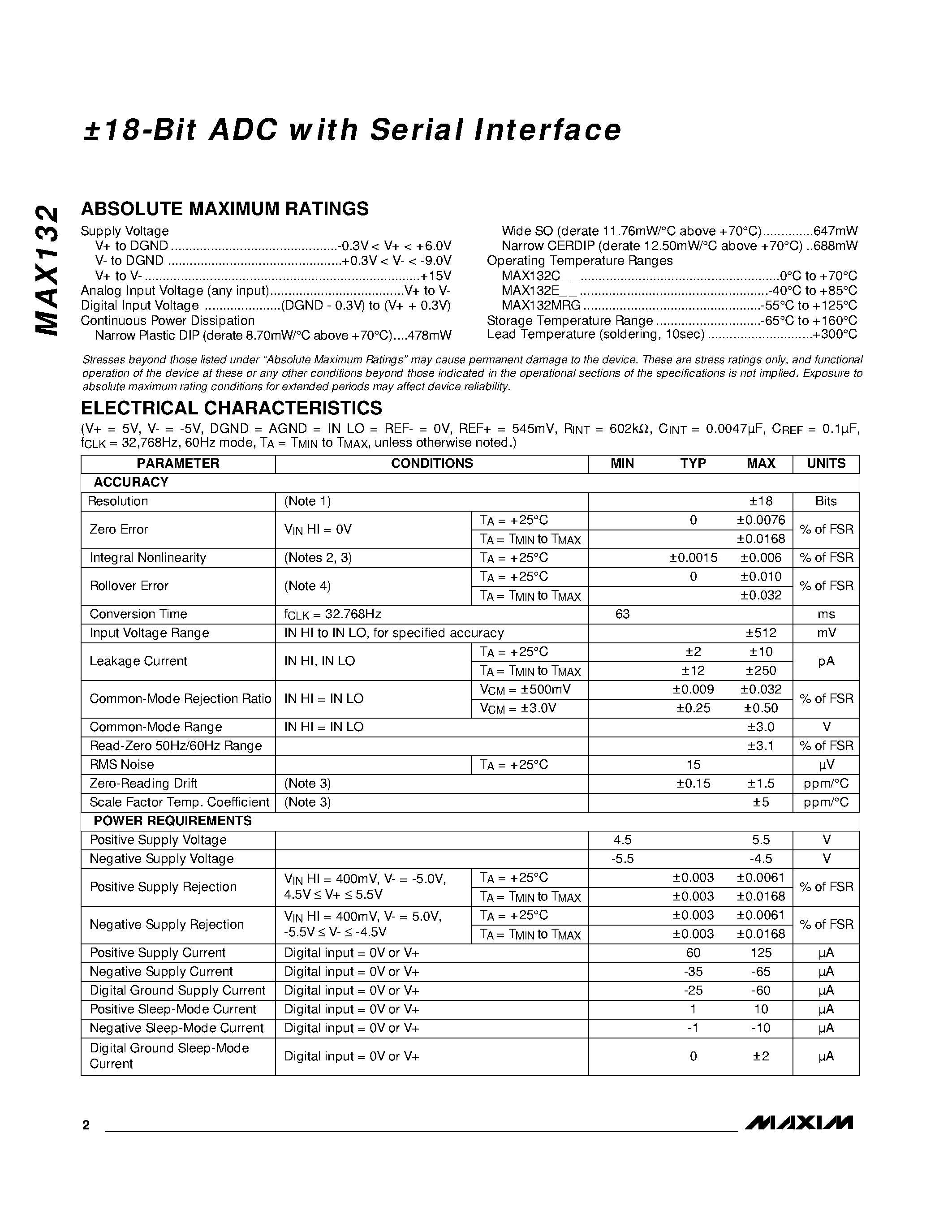 Datasheet MAX132CNG - 18-Bit ADC with Serial Interface page 2