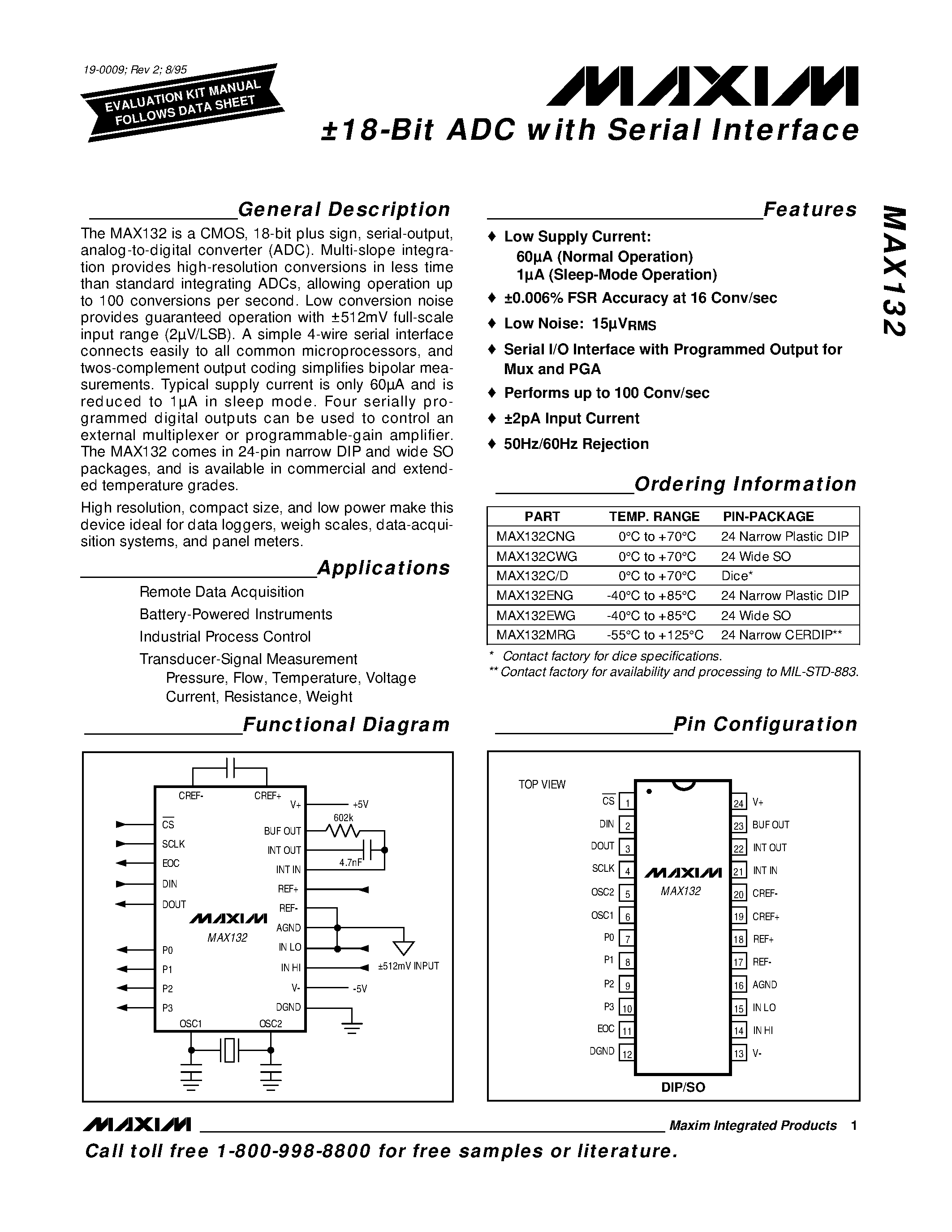 Datasheet MAX132ENG - 18-Bit ADC with Serial Interface page 1