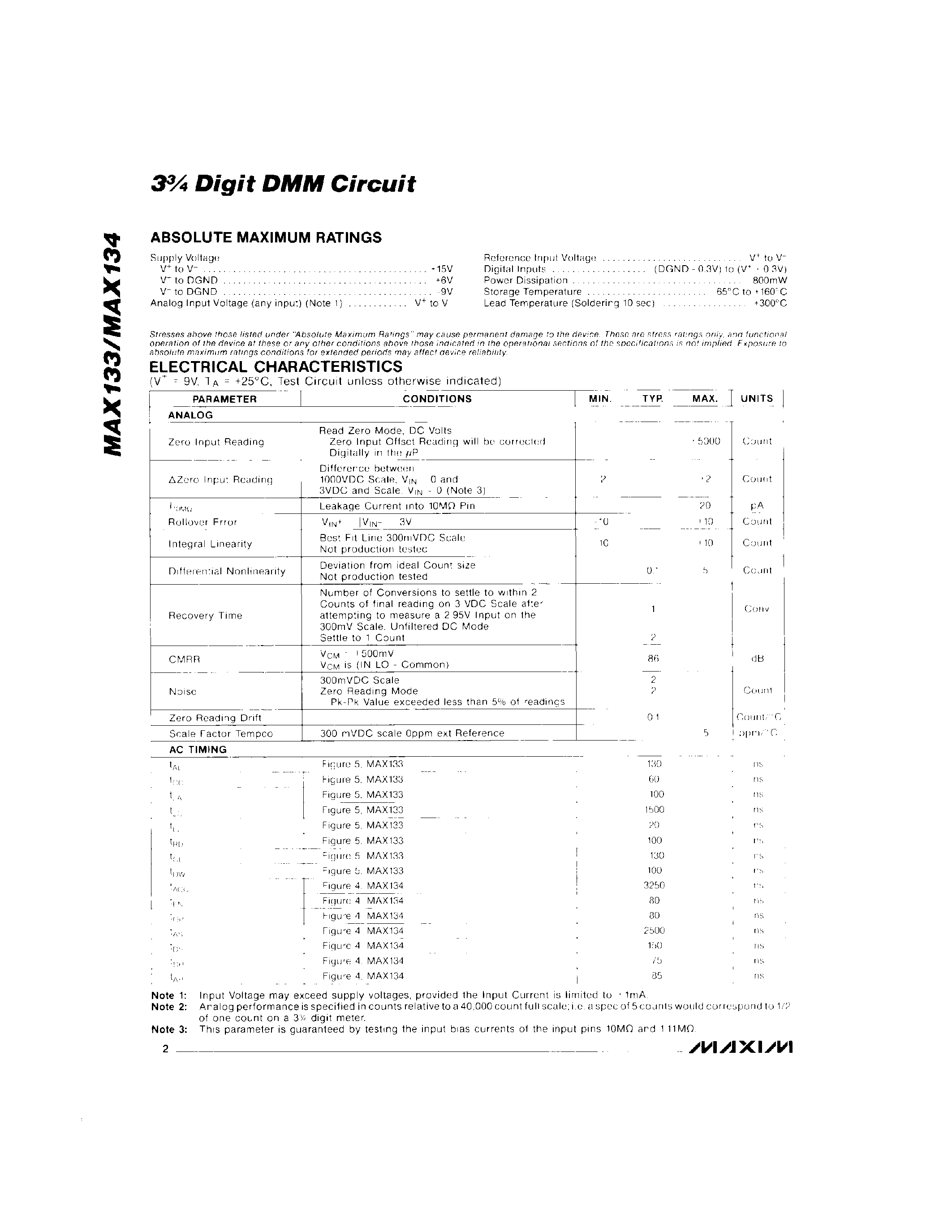 Datasheet MAX133 - 3 Digit DMM Circuit page 2
