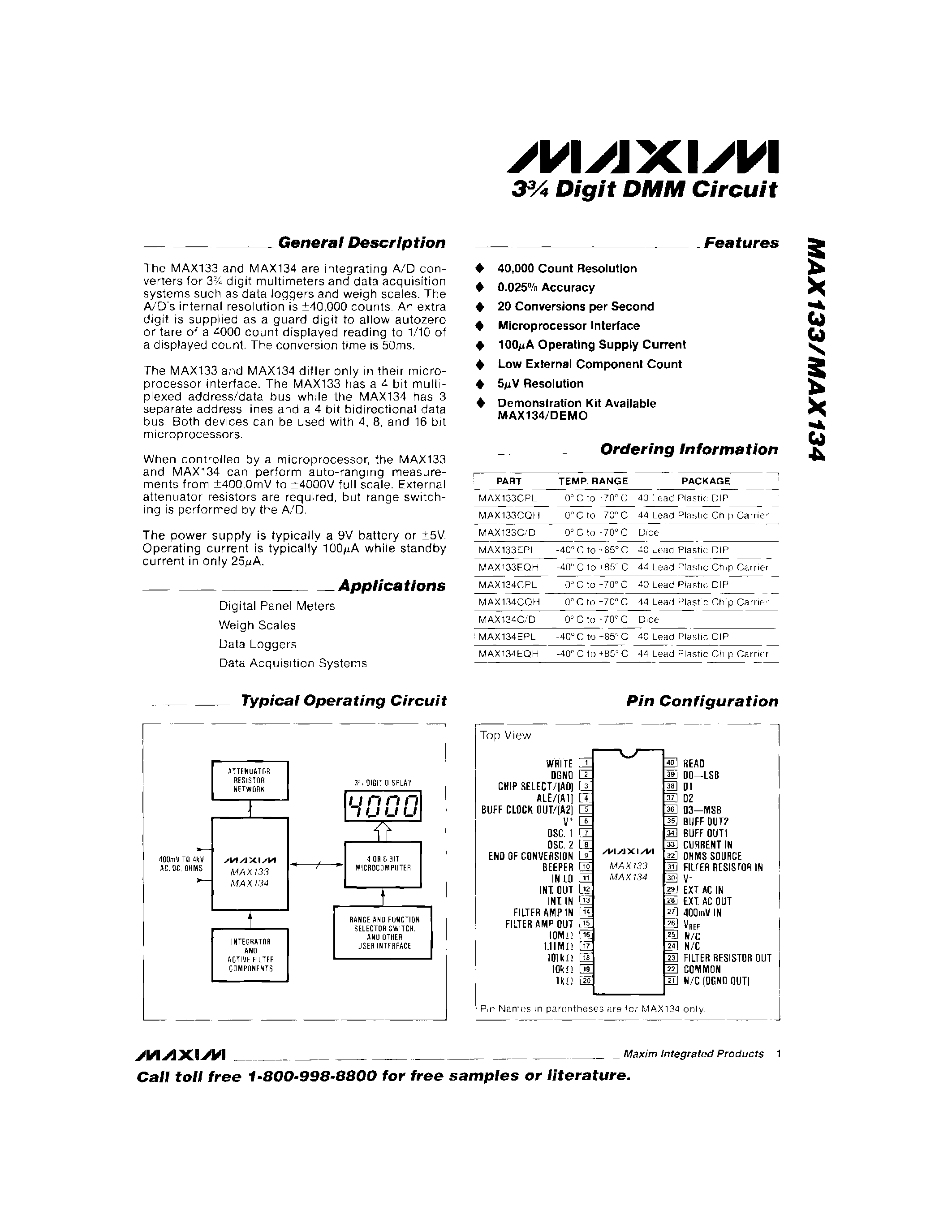 Datasheet MAX133EQH - 3 Digit DMM Circuit page 1