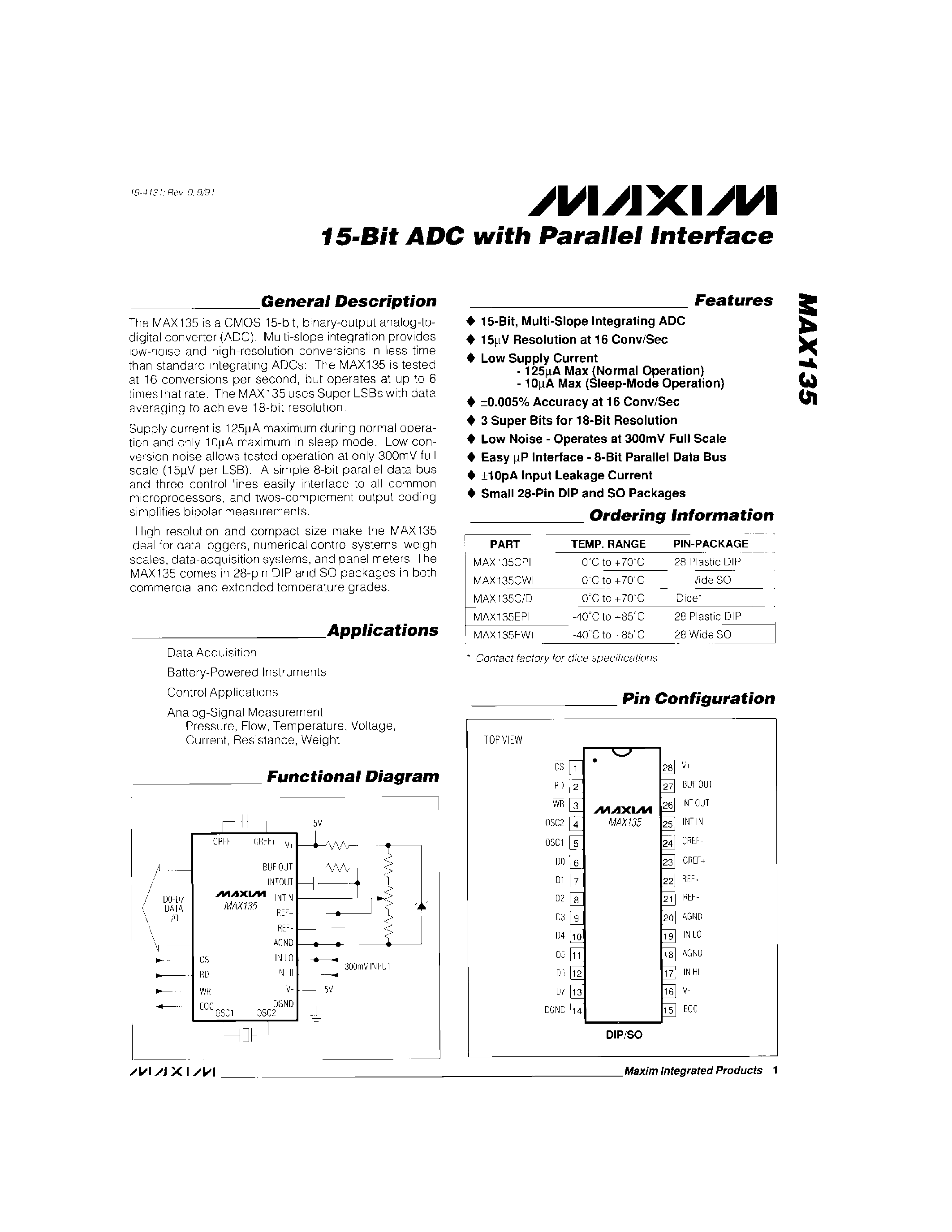 Datasheet MAX135 - 15-Bit ADC with Parallel Interface page 1