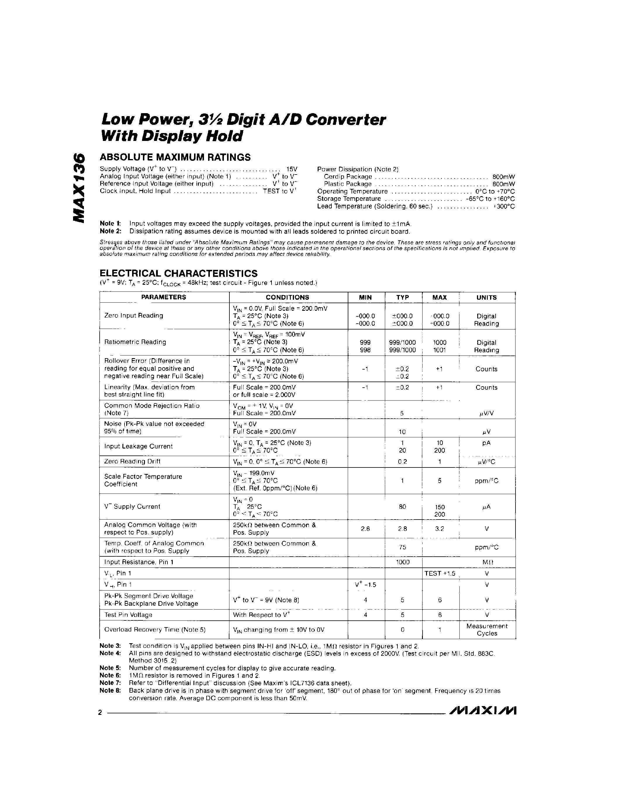Даташит MAX136CJL - Low Power / 3Digit A/D Converter With Display Hold страница 2