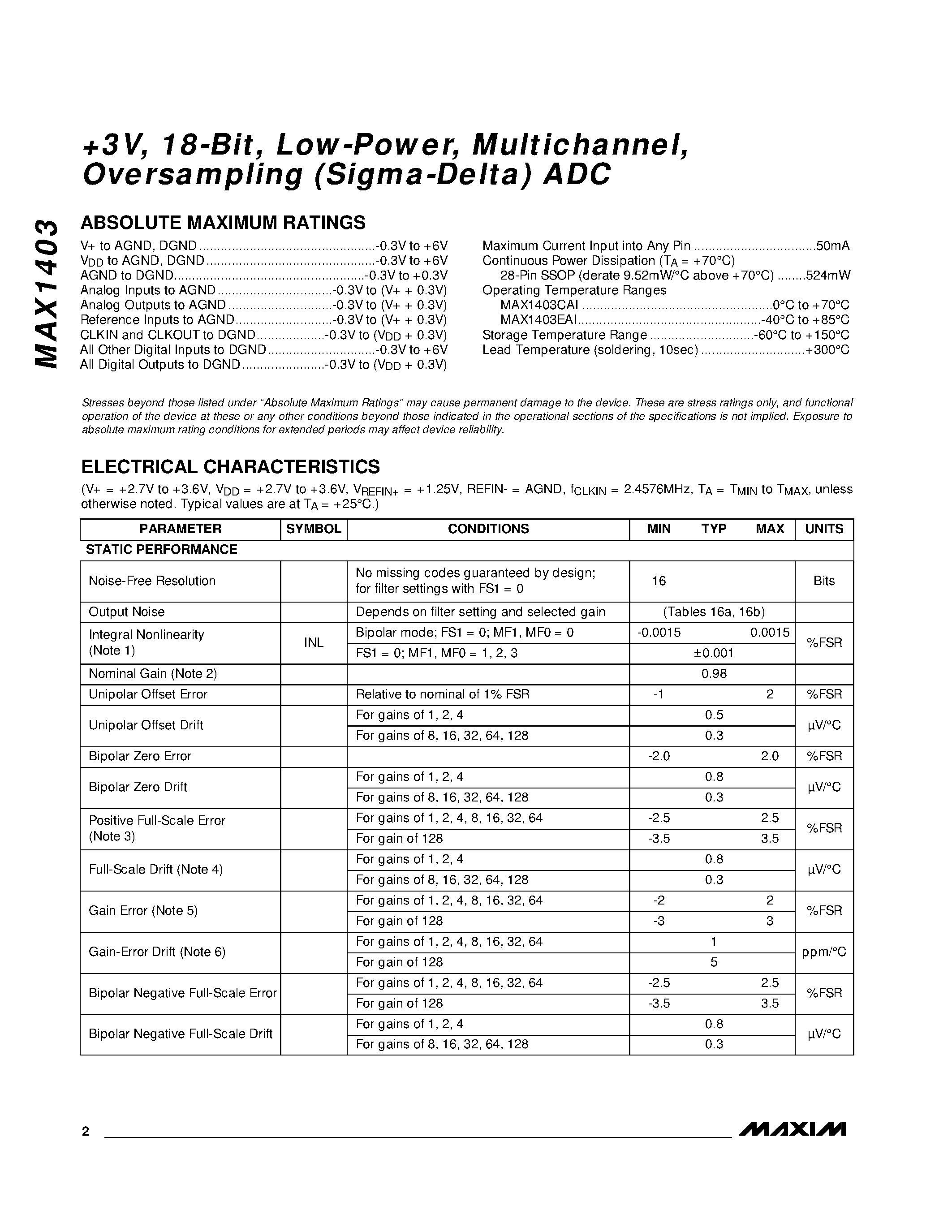 Даташит MAX1403CAI - +3V / 18-Bit / Low-Power / Multichannel / Oversampling Sigma-Delta ADC страница 2