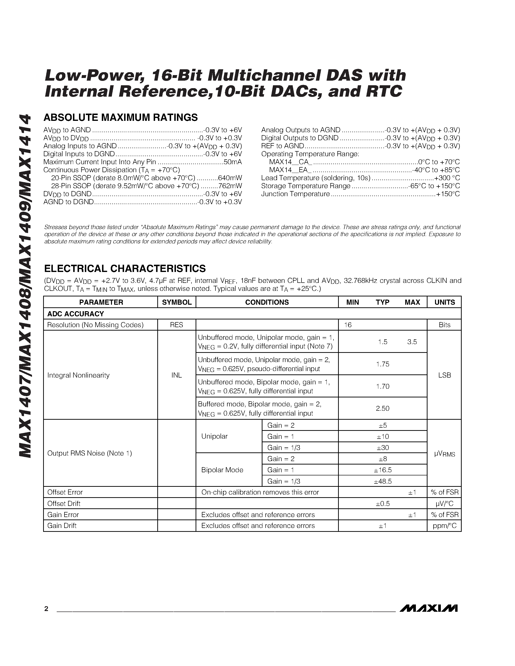 Datasheet MAX1407 - Low-Power / 16-Bit Multichannel DAS with Internal Reference /10-Bit DACs / and RTC page 2