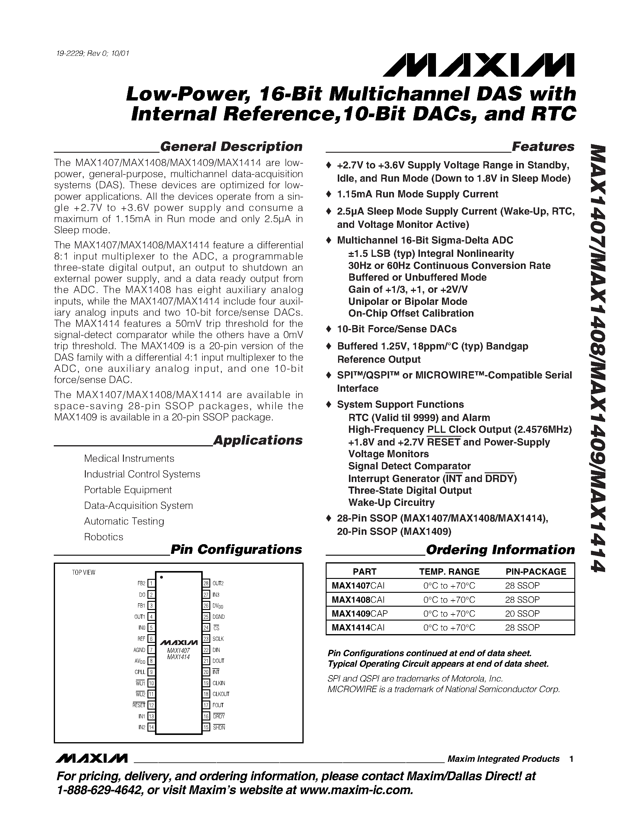 Datasheet MAX1409CAP - Low-Power / 16-Bit Multichannel DAS with Internal Reference /10-Bit DACs / and RTC page 1