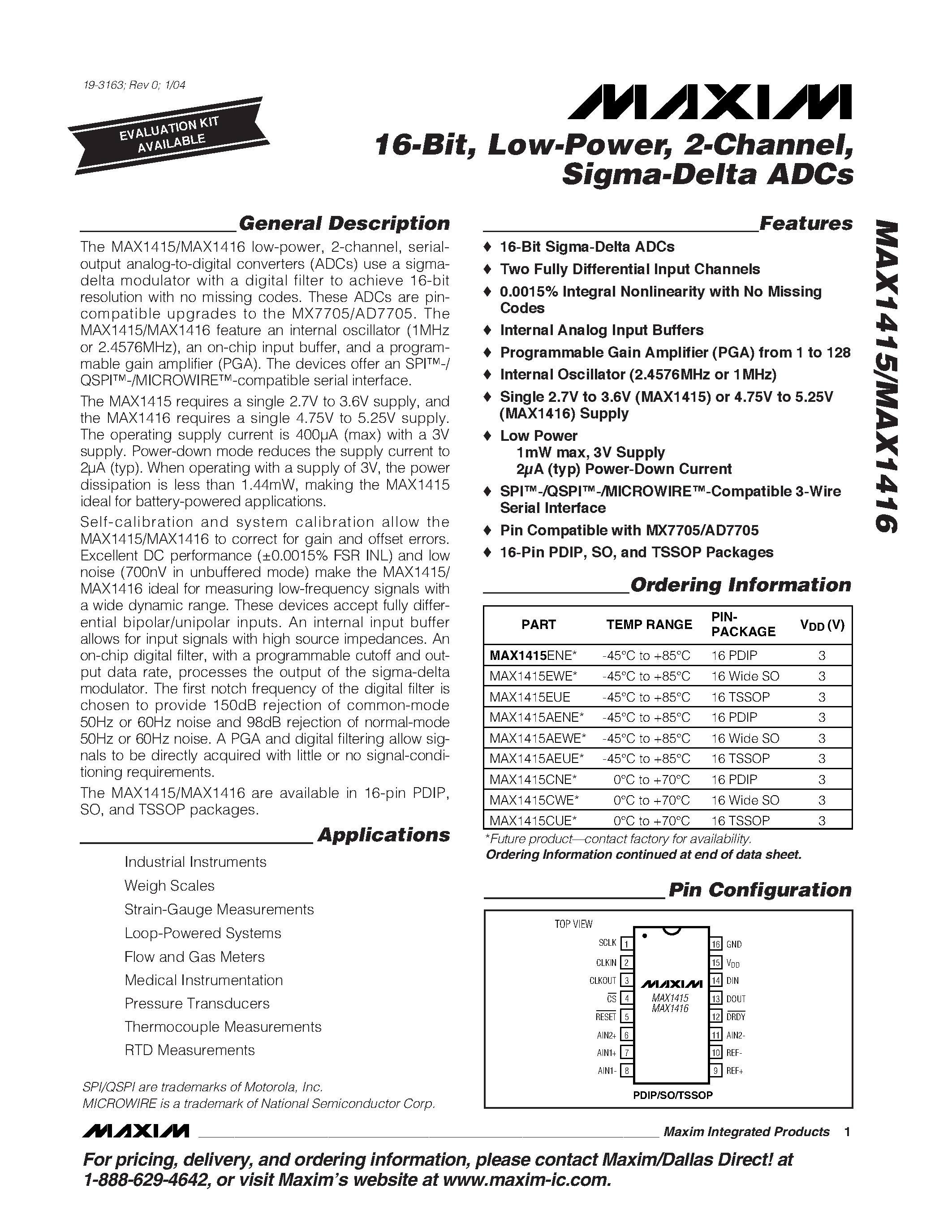 Datasheet MAX1415 - 16-Bit / Low-Power / 2-Channel / Sigma-Delta ADCs page 1