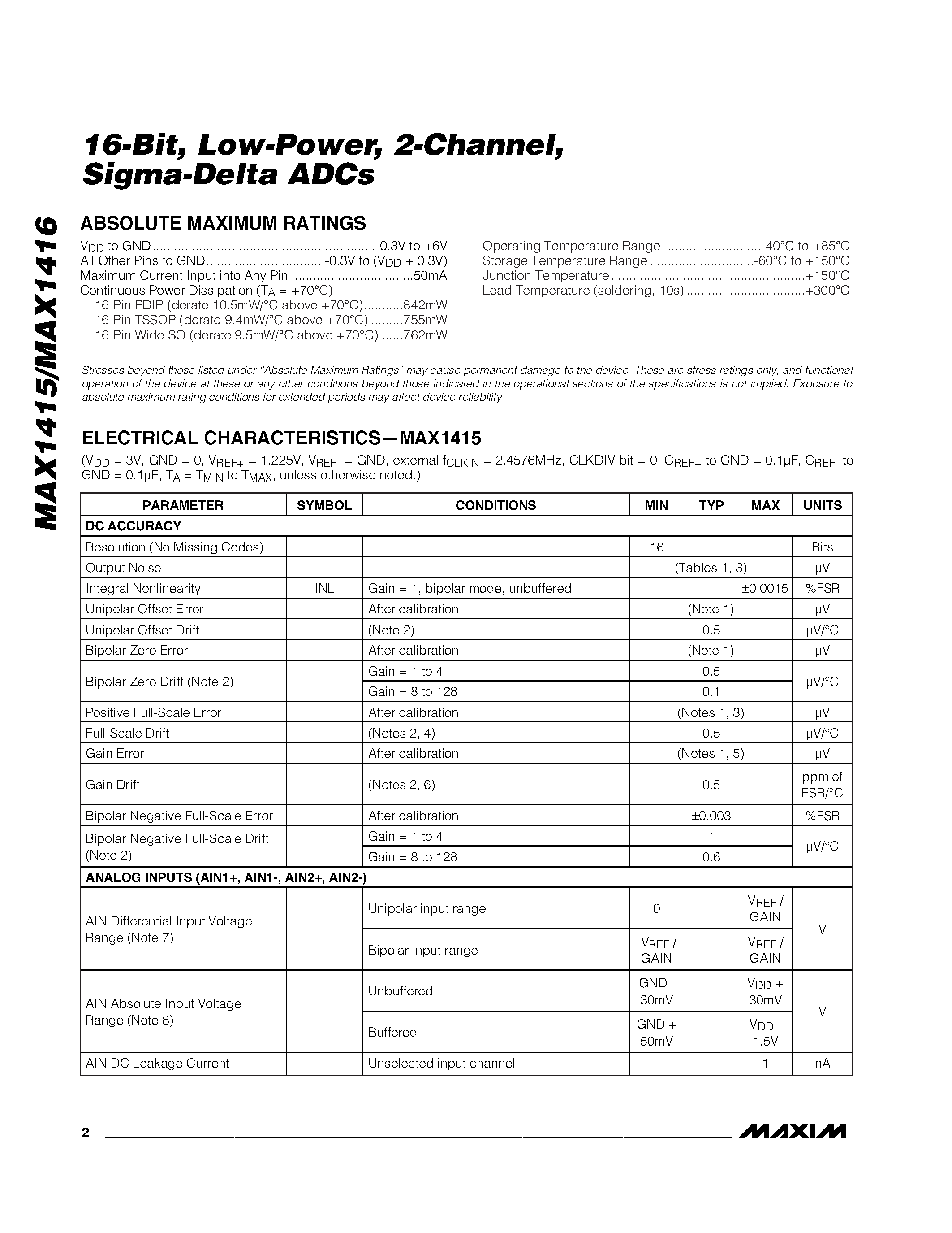 Datasheet MAX1415 - 16-Bit / Low-Power / 2-Channel / Sigma-Delta ADCs page 2