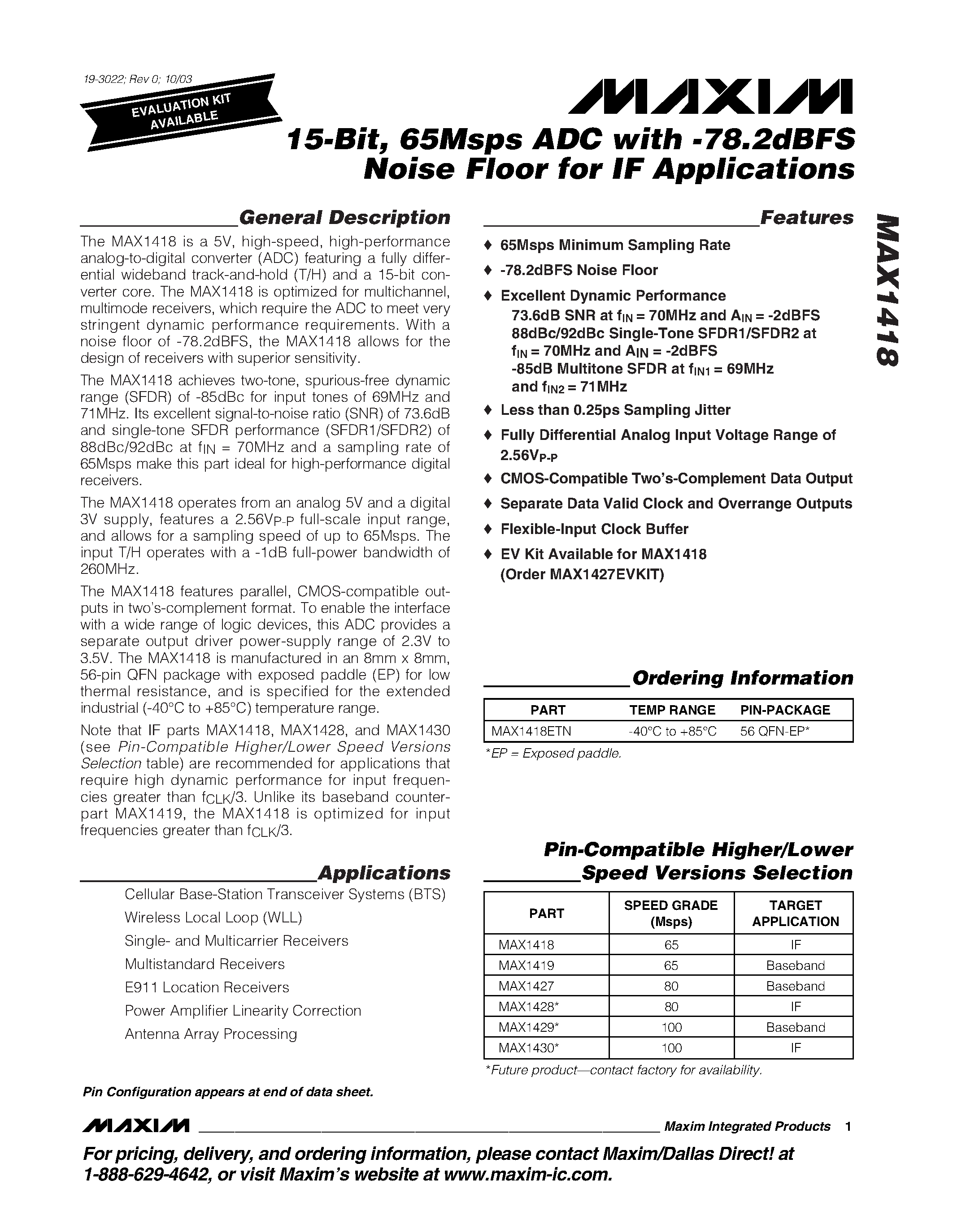Datasheet MAX1418ETN - 15-Bit / 65Msps ADC with -78.2dBFS Noise Floor for IF Applications page 1