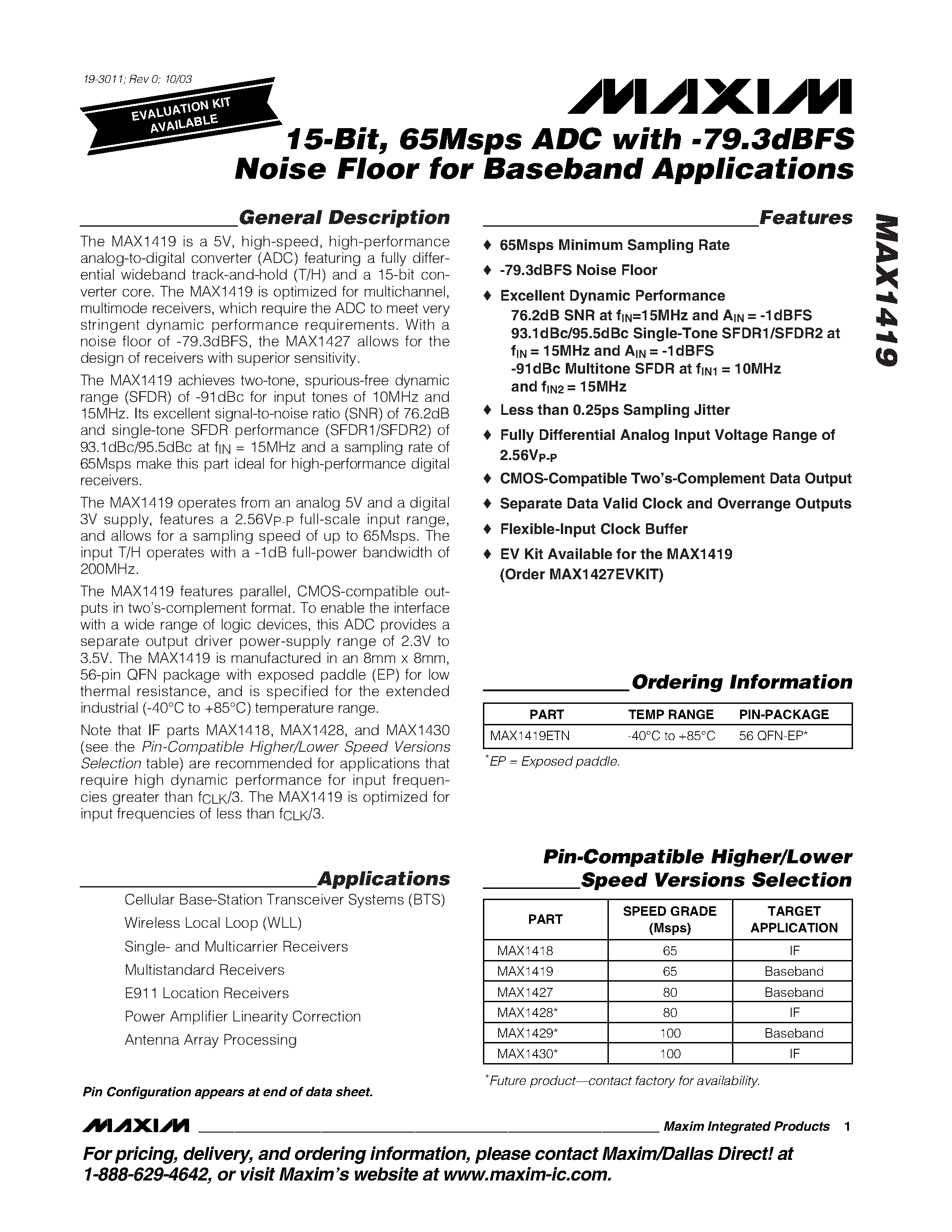 Datasheet MAX1419ETN - 15-Bit / 65Msps ADC with -79.3dBFS Noise Floor for Baseband Applications page 1
