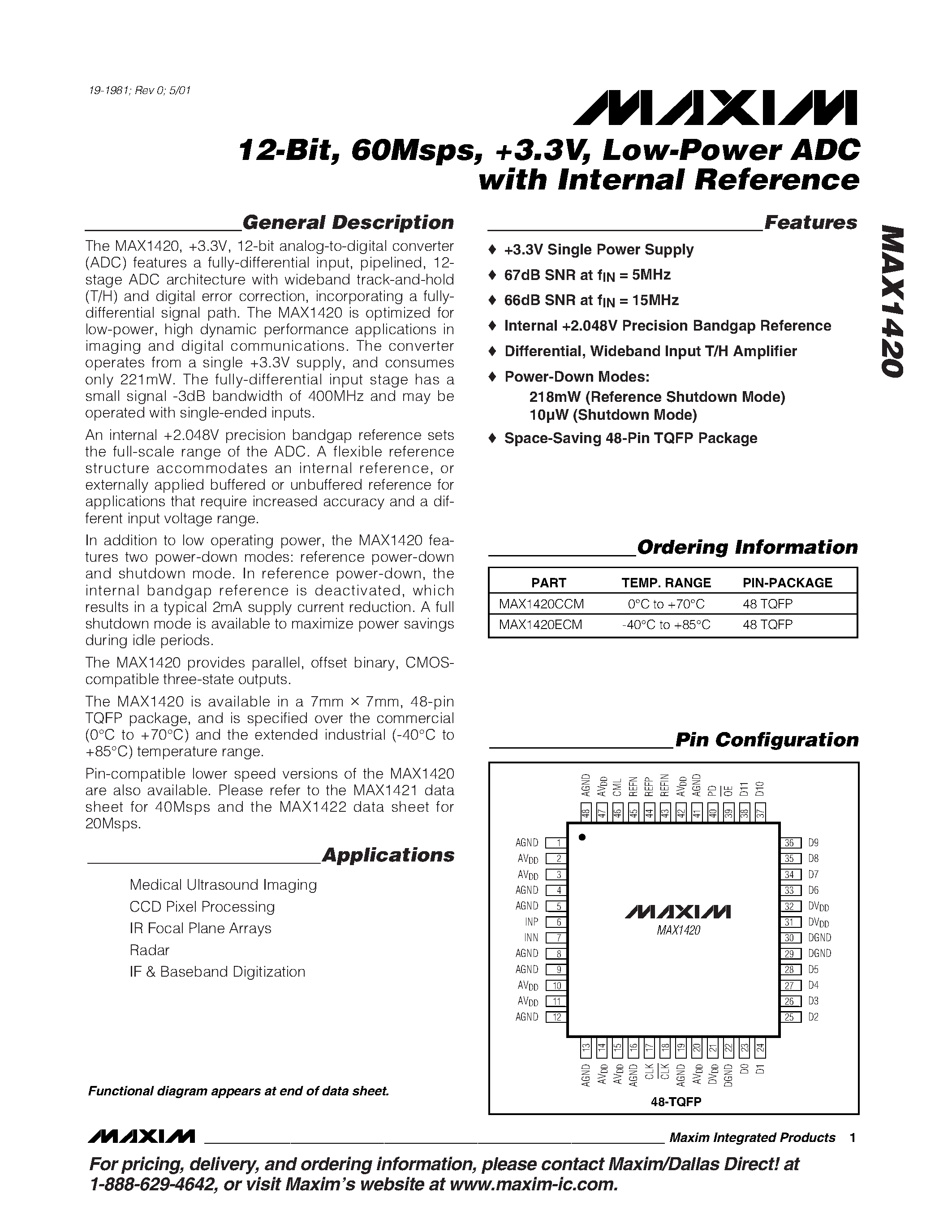 Datasheet MAX1420CCM - 12-Bit / 60Msps / +3.3V / Low-Power ADC with Internal Reference page 1