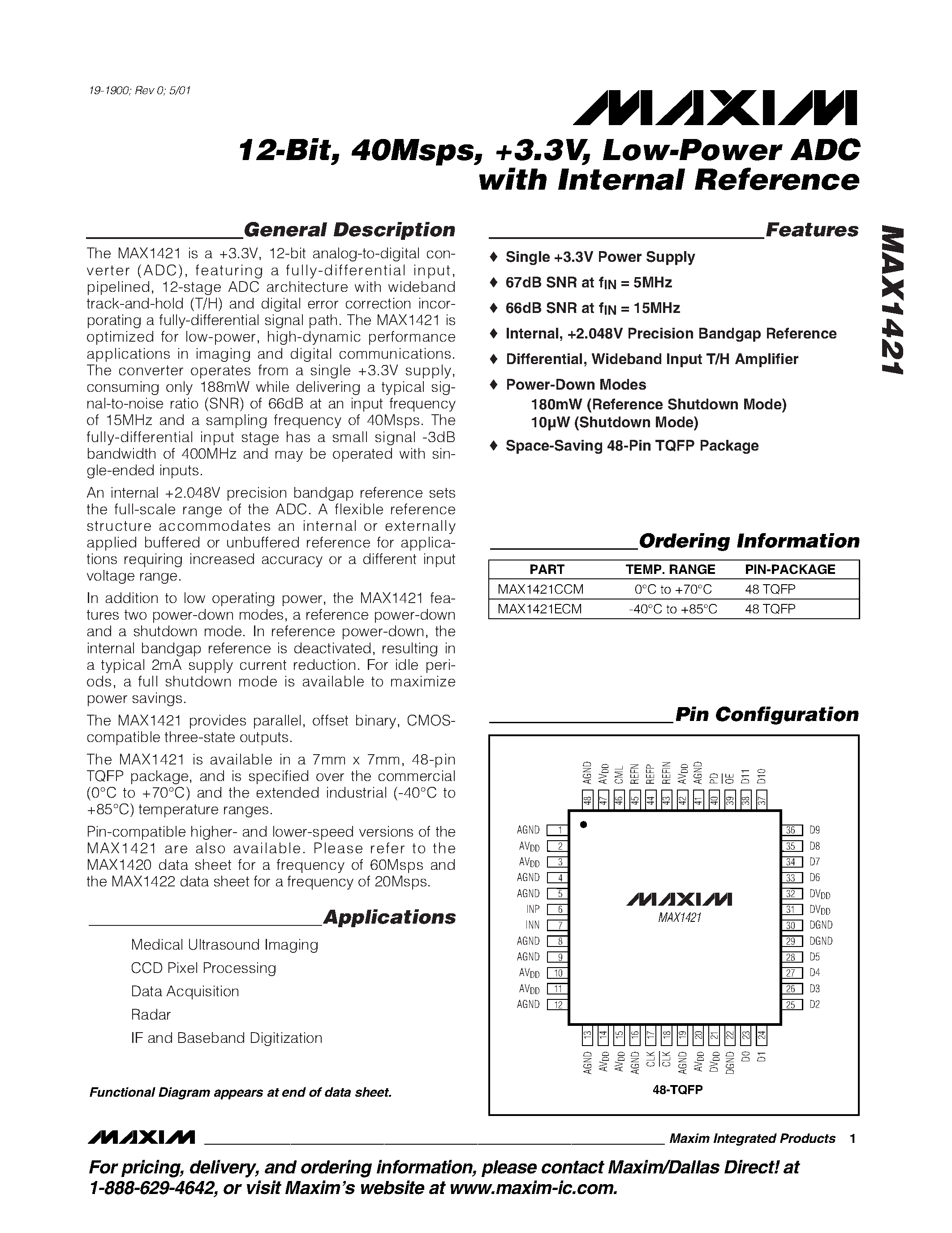 Datasheet MAX1421CCM - 12-Bit / 40Msps / +3.3V / Low-Power ADC with Internal Reference page 1