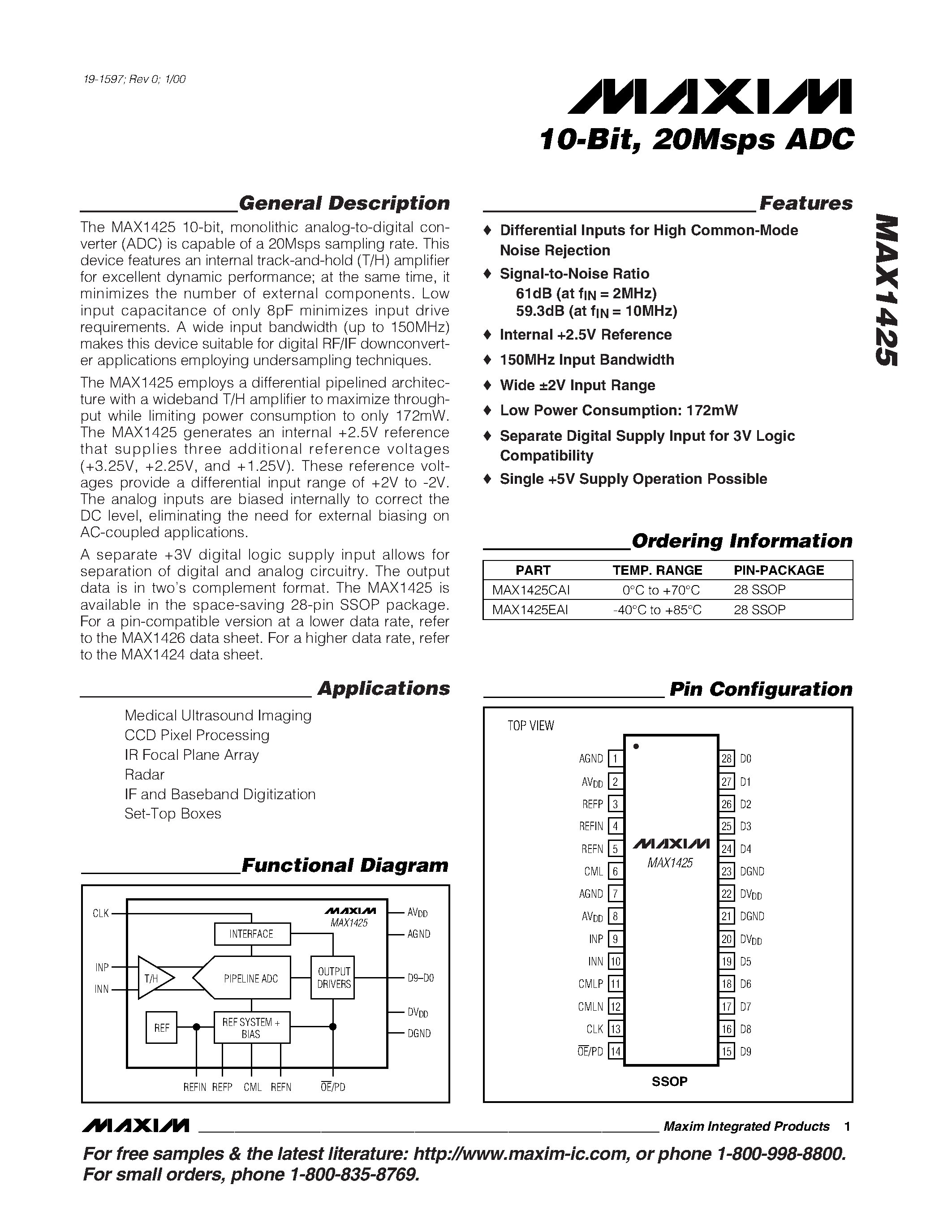 Datasheet MAX1425EAI - 10-Bit / 20Msps ADC page 1