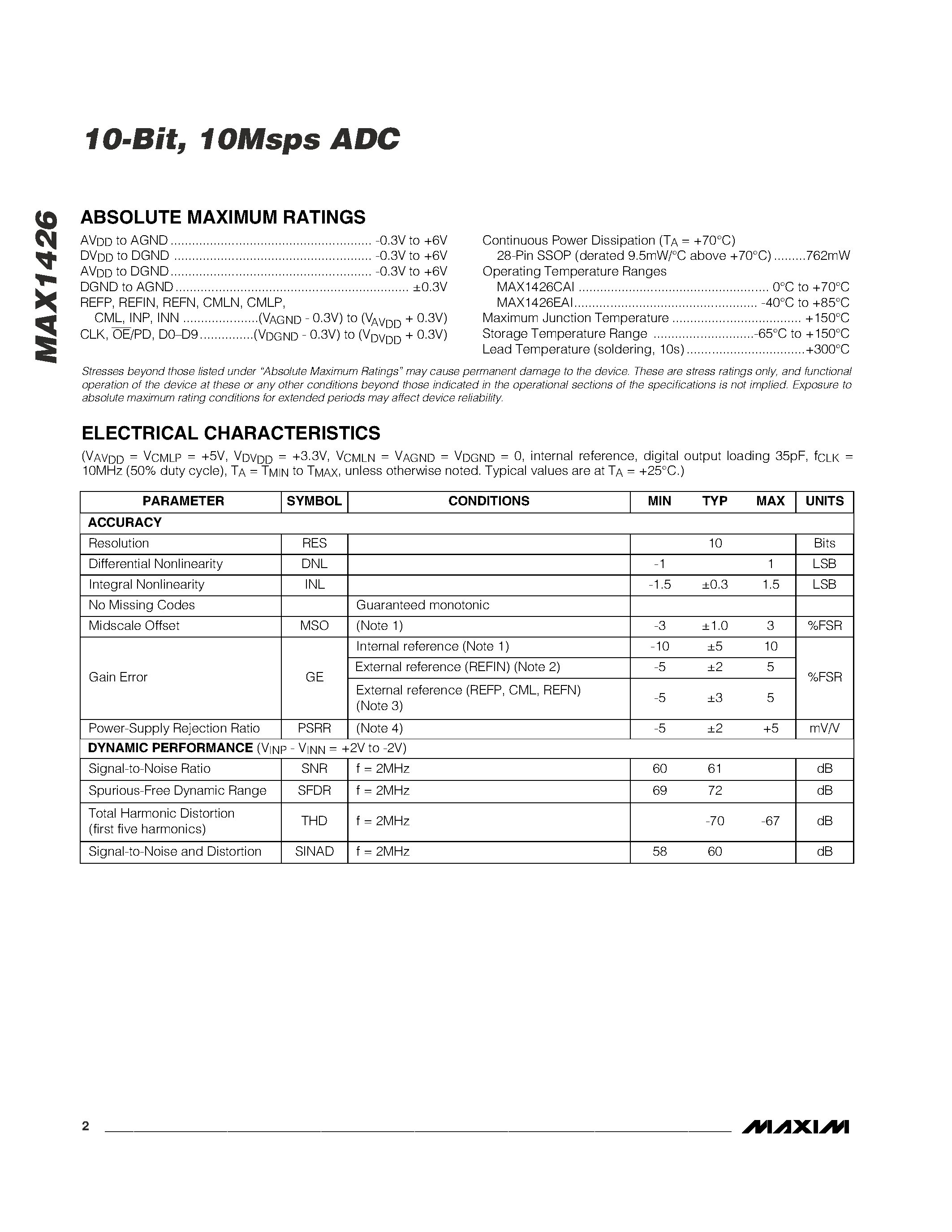 Datasheet MAX1426CAI - 10-Bit / 10Msps ADC page 2