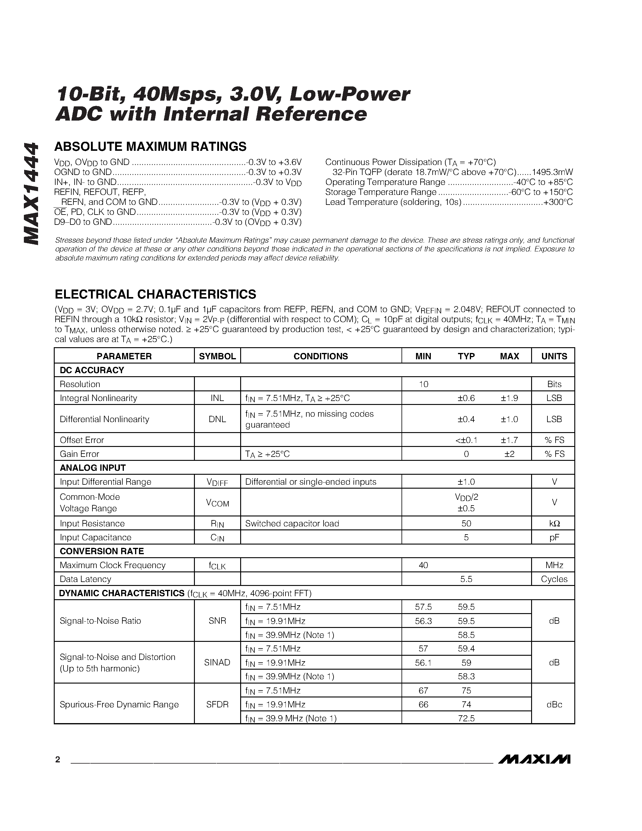 Datasheet MAX1444 - 10-Bit / 40Msps / 3.0V / Low-Power ADC with Internal Reference page 2