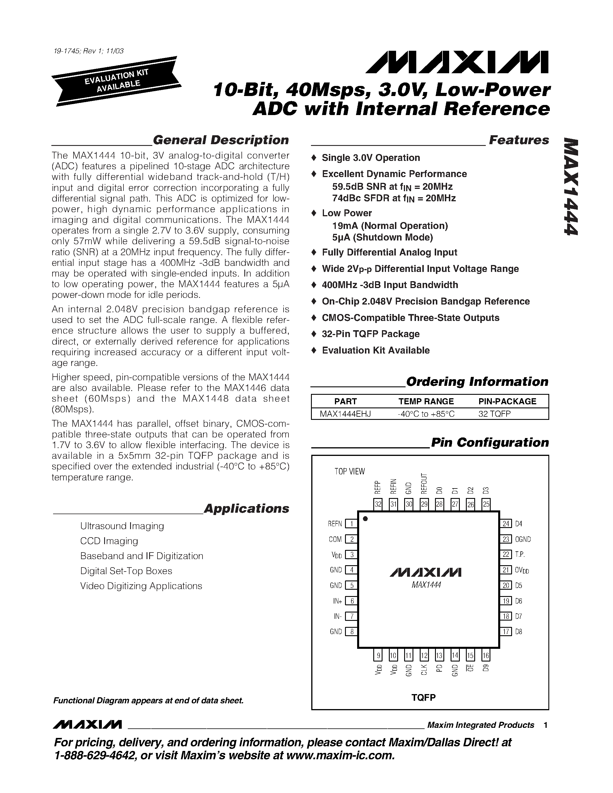 Datasheet MAX1444EHJ - 10-Bit / 40Msps / 3.0V / Low-Power ADC with Internal Reference page 1