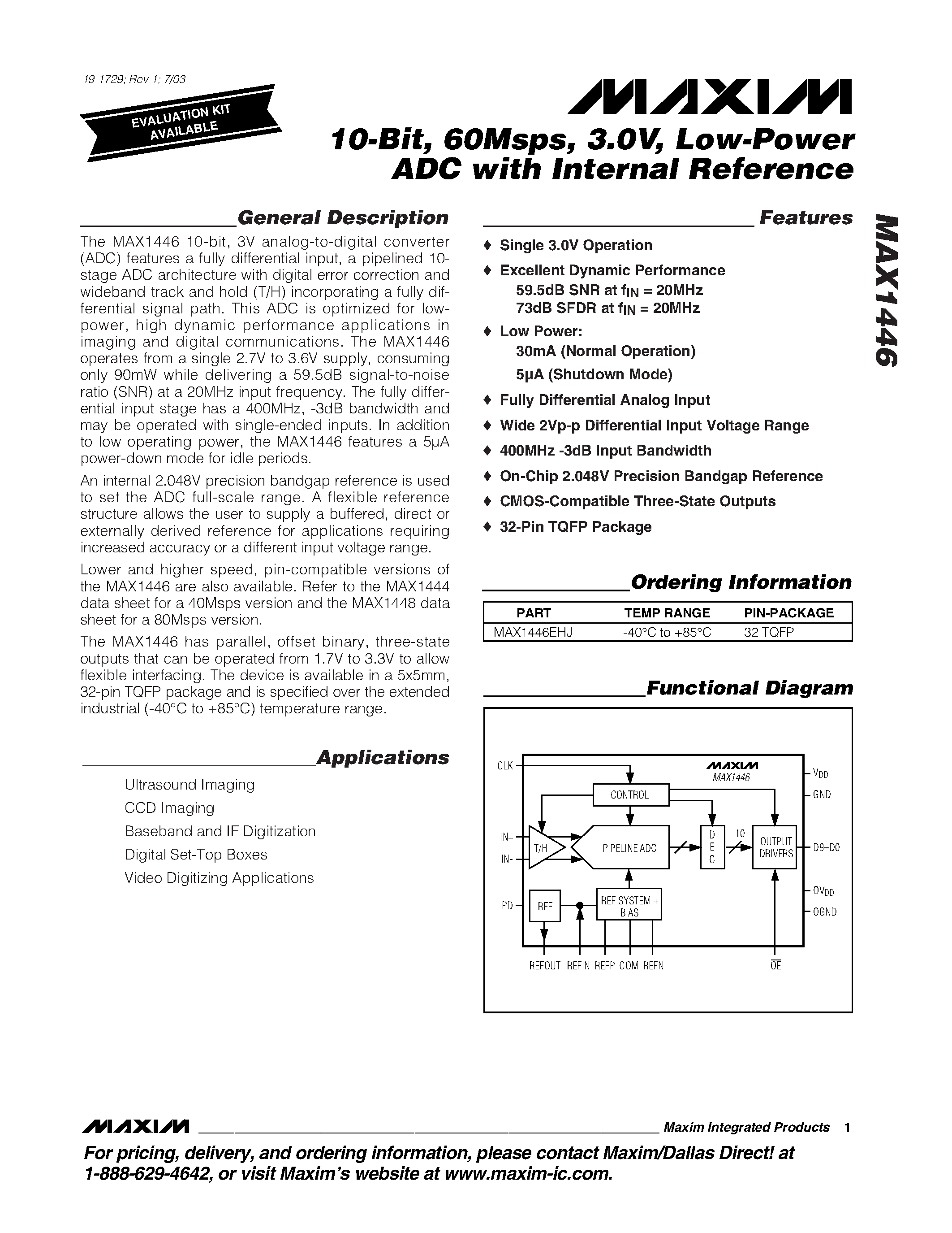 Datasheet MAX1446 - 10-Bit / 60Msps / 3.0V / Low-Power ADC with Internal Reference page 1