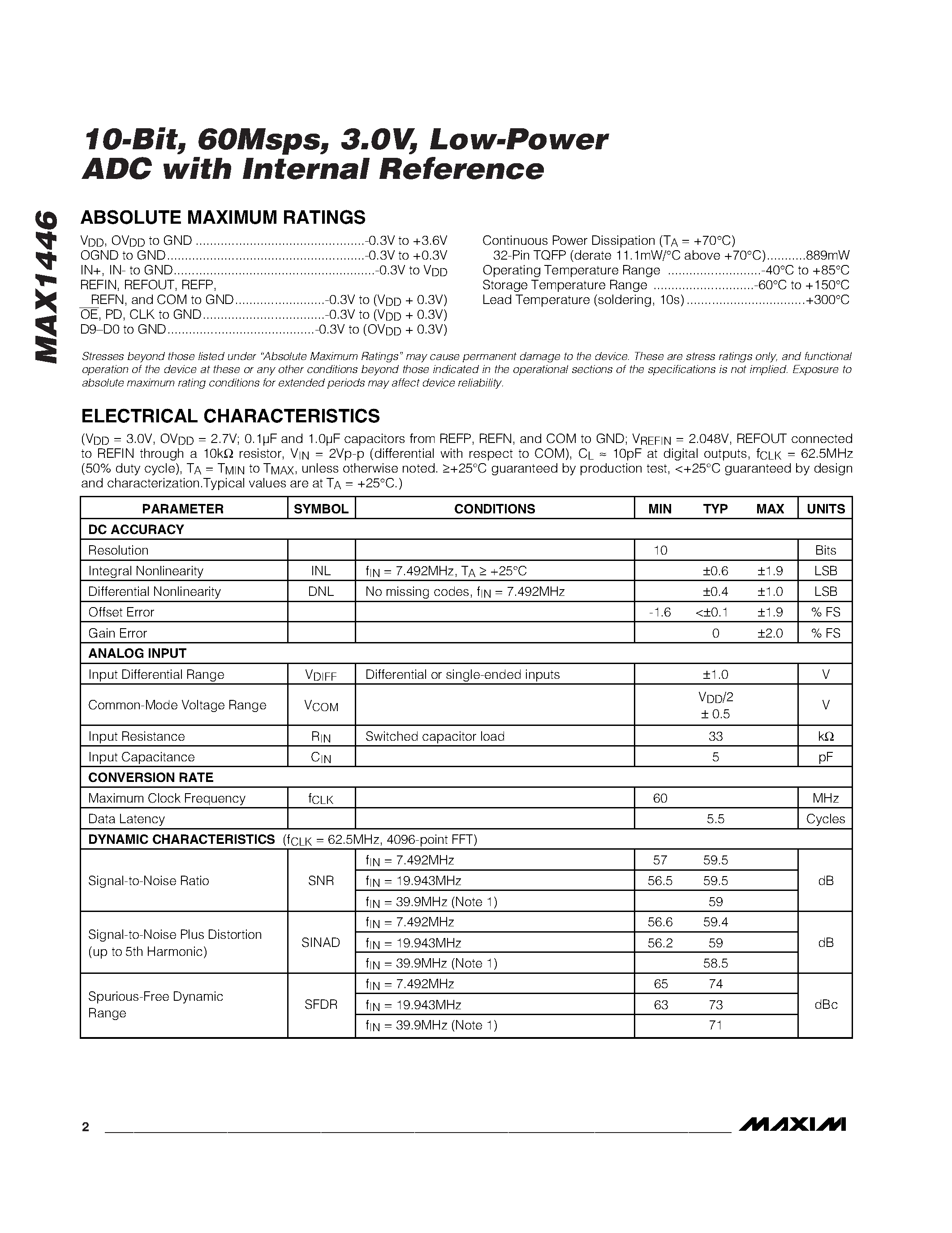 Datasheet MAX1446 - 10-Bit / 60Msps / 3.0V / Low-Power ADC with Internal Reference page 2
