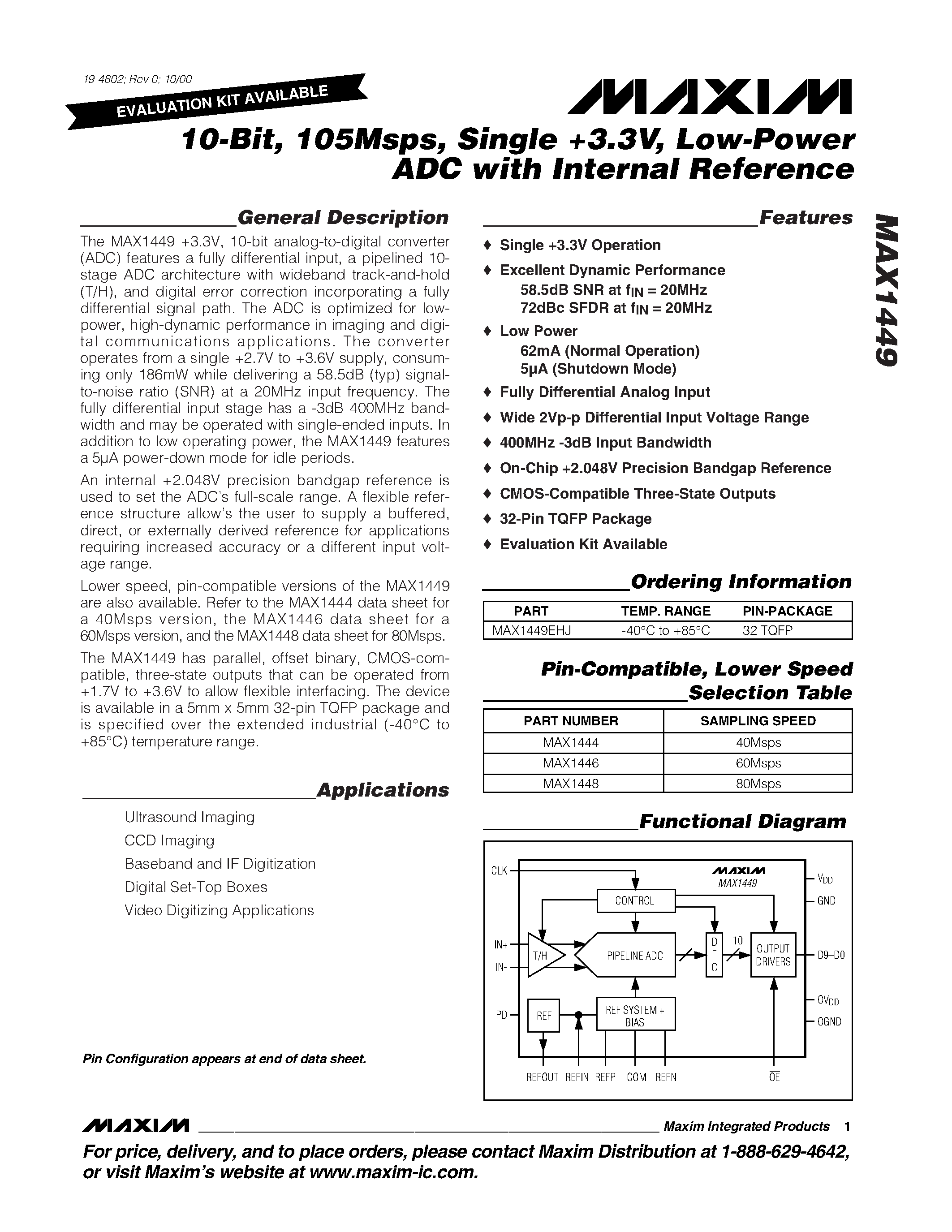 Datasheet MAX1449 - 10-Bit / 105Msps / Single +3.3V / Low-Power ADC with Internal Reference page 1
