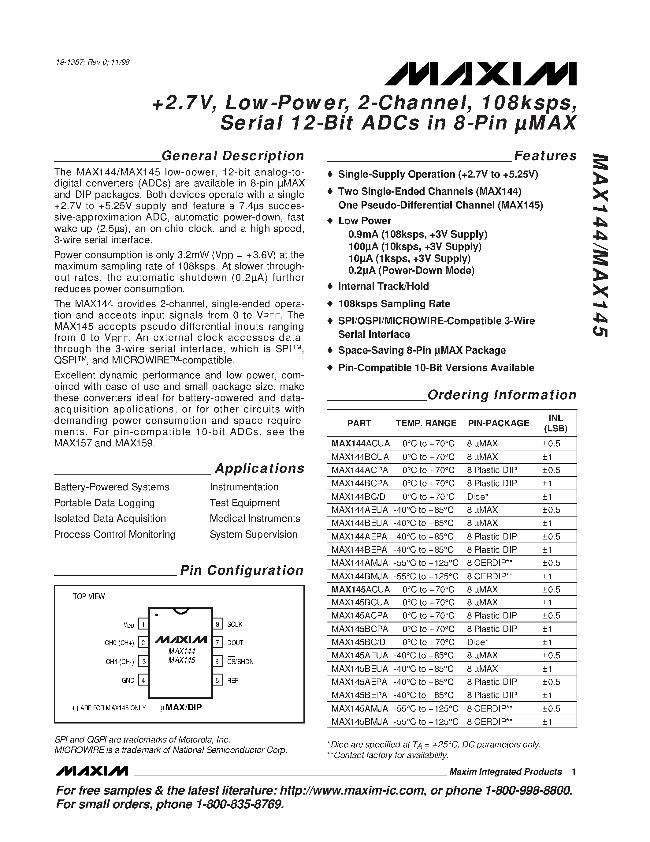 Datasheet MAX145 - 0.1%-Accurate Signal Conditioner for Piezoresistive Sensor Compensation page 1