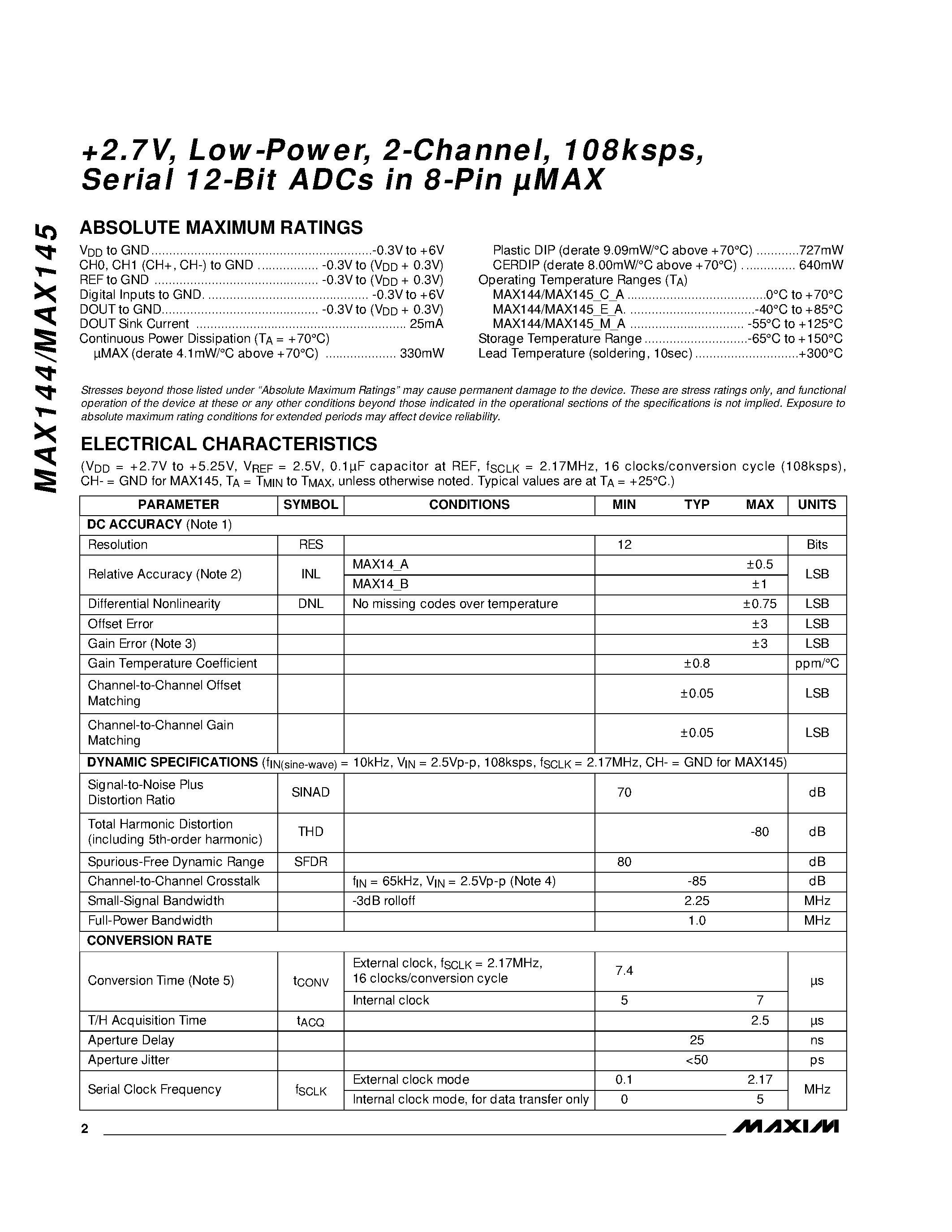 Datasheet MAX145 - 0.1%-Accurate Signal Conditioner for Piezoresistive Sensor Compensation page 2