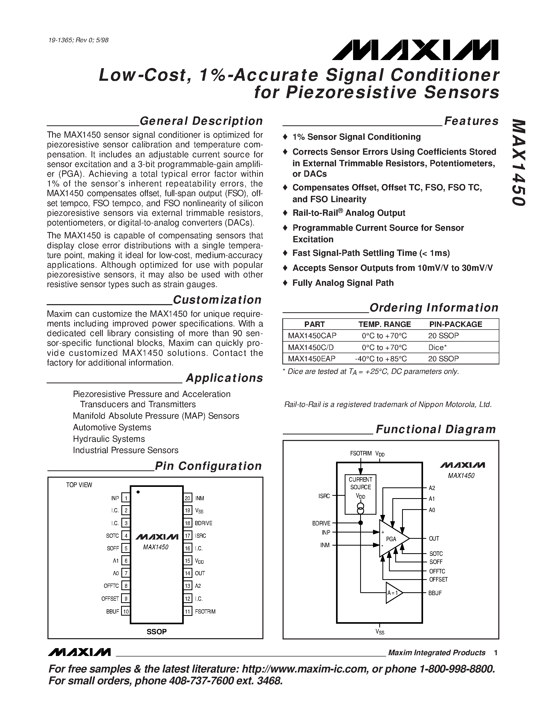 Datasheet MAX1450 - Low-Cost / 1%-Accurate Signal Conditioner for Piezoresistive Sensors page 1