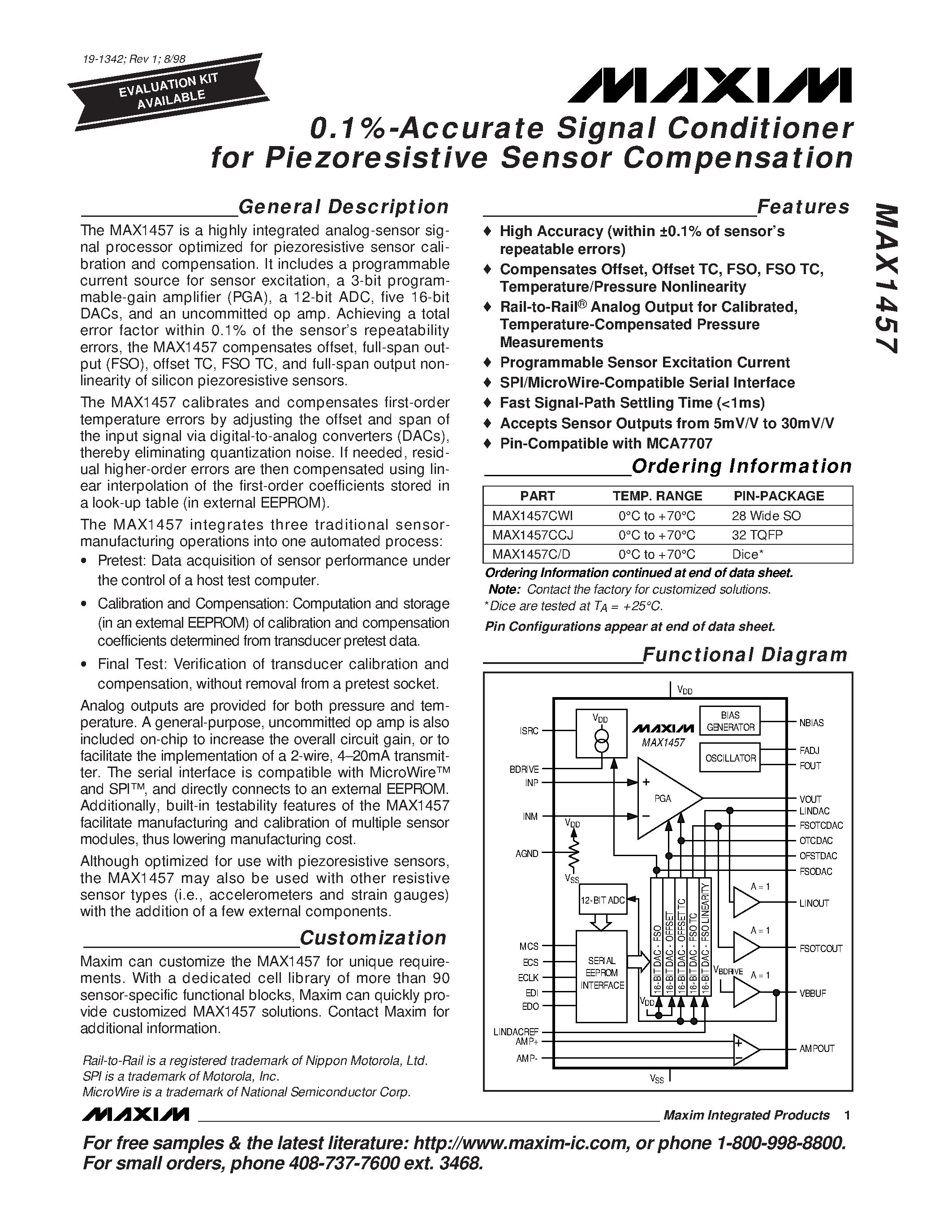 Datasheet MAX1457 - 0.1%-Accurate Signal Conditioner for Piezoresistive Sensor Compensation page 1