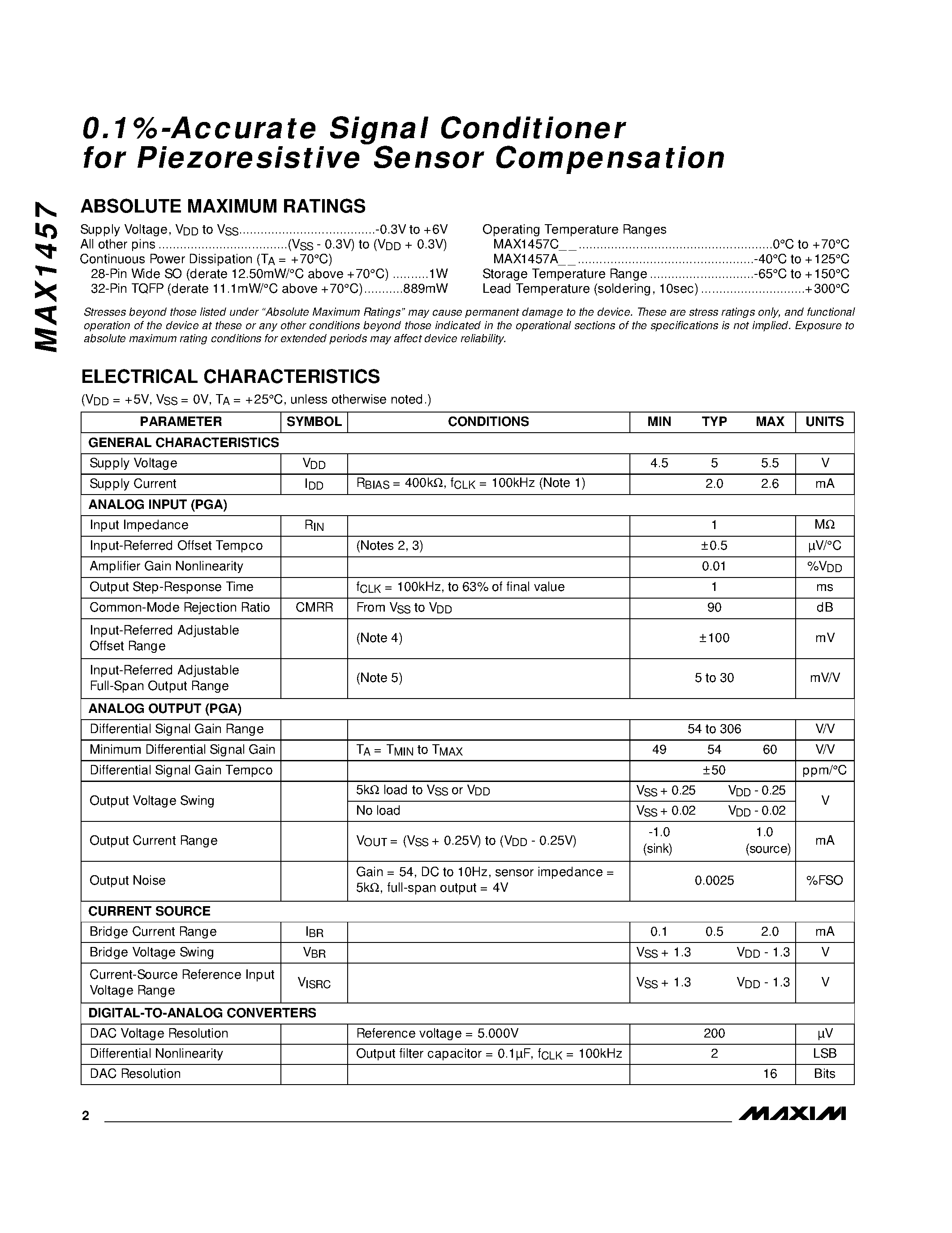 Datasheet MAX1457 - 0.1%-Accurate Signal Conditioner for Piezoresistive Sensor Compensation page 2