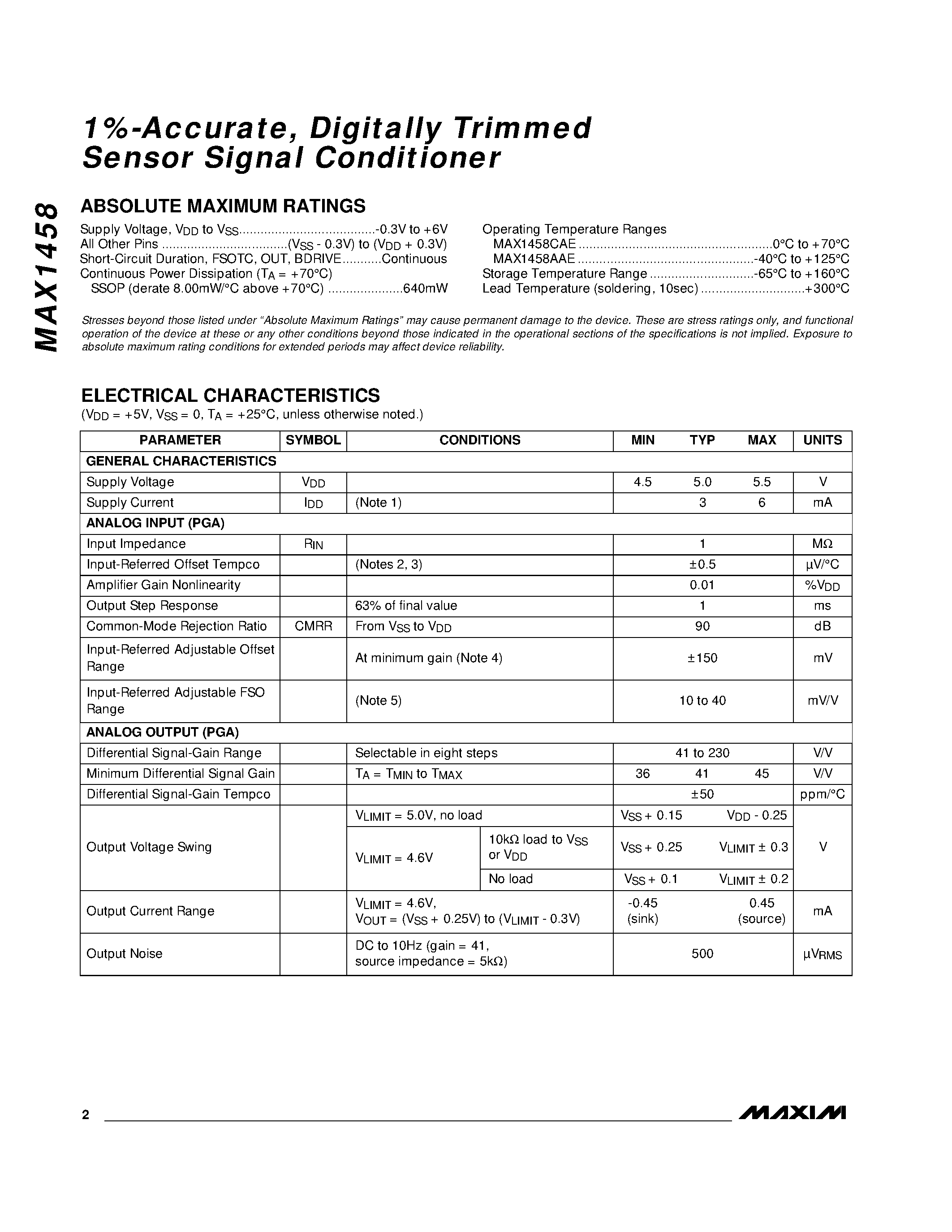 Datasheet MAX1458 - 1%-Accurate / Digitally Trimmed Sensor Signal Conditioner page 2