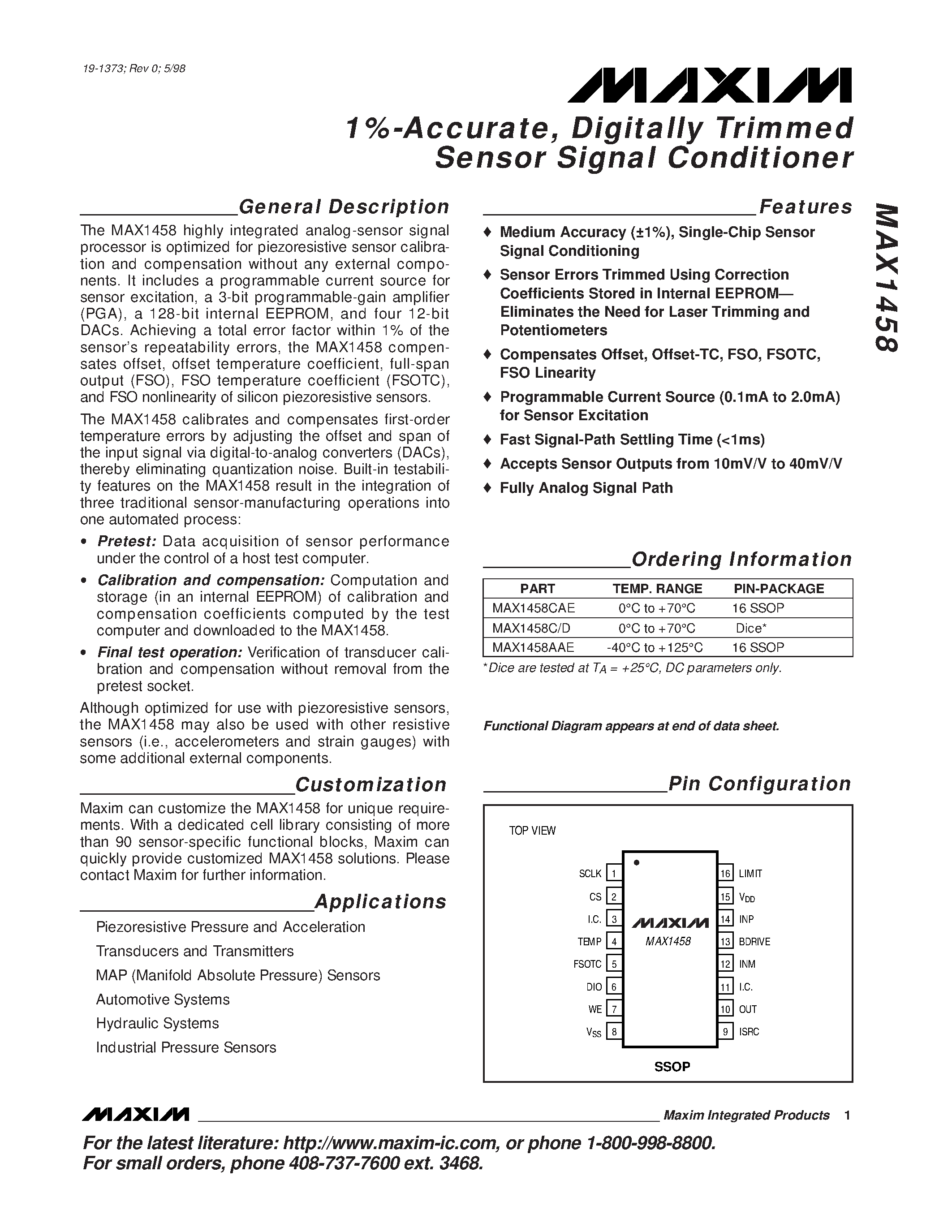 Datasheet MAX1458AAE - 1%-Accurate / Digitally Trimmed Sensor Signal Conditioner page 1