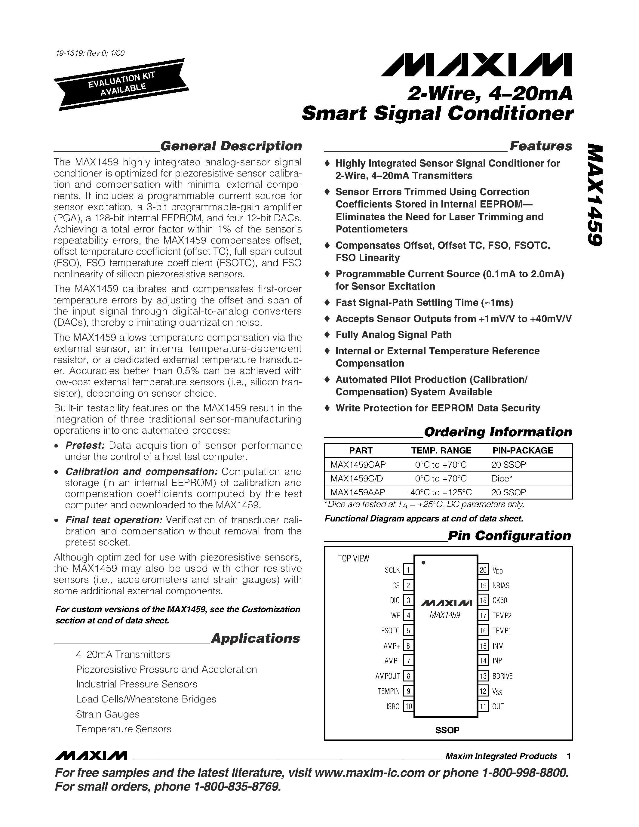 Datasheet MAX1459 - 2-Wire / 4-20mA Smart Signal Conditioner page 1