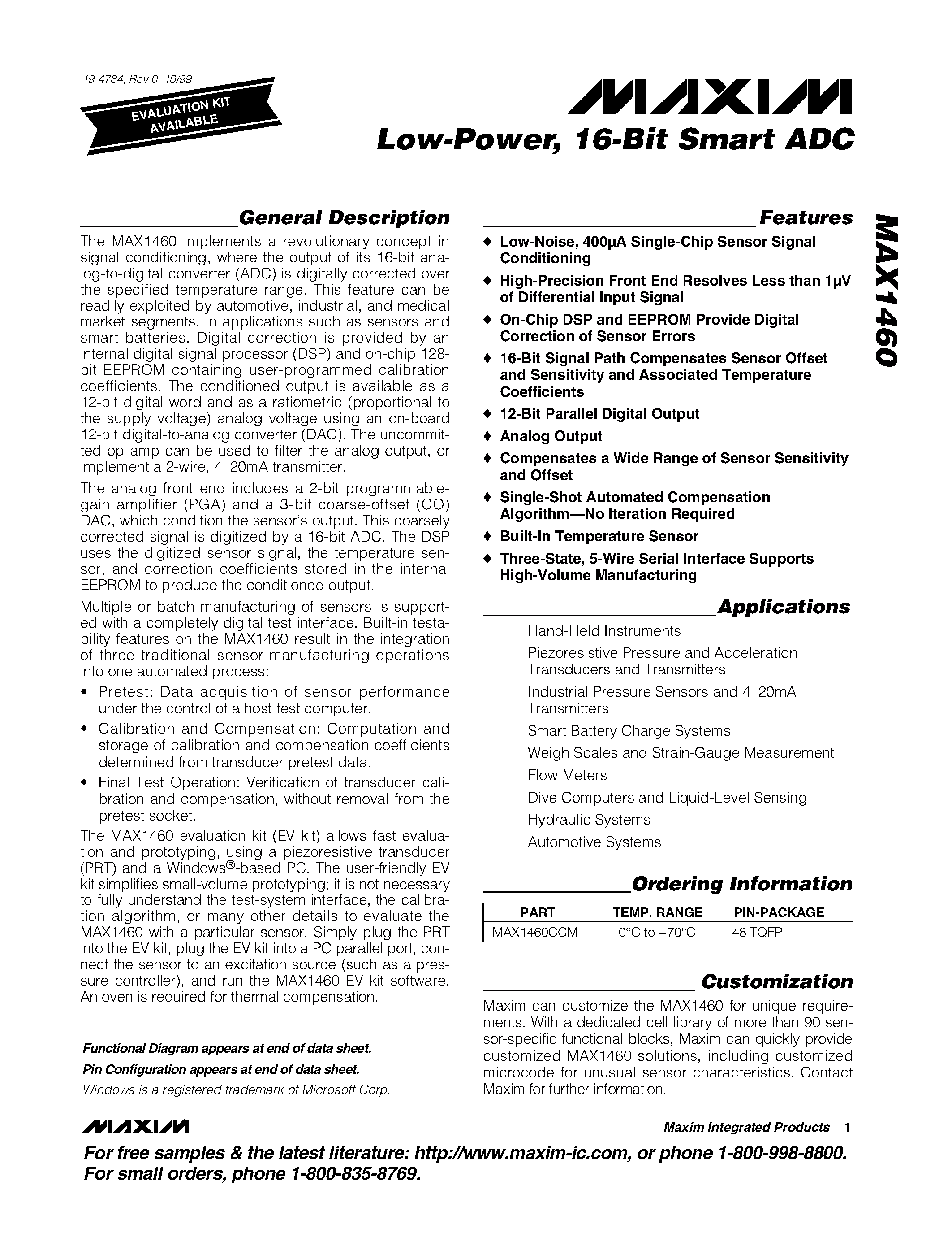 Datasheet MAX1460 - Low-Power / 16-Bit Smart ADC page 1