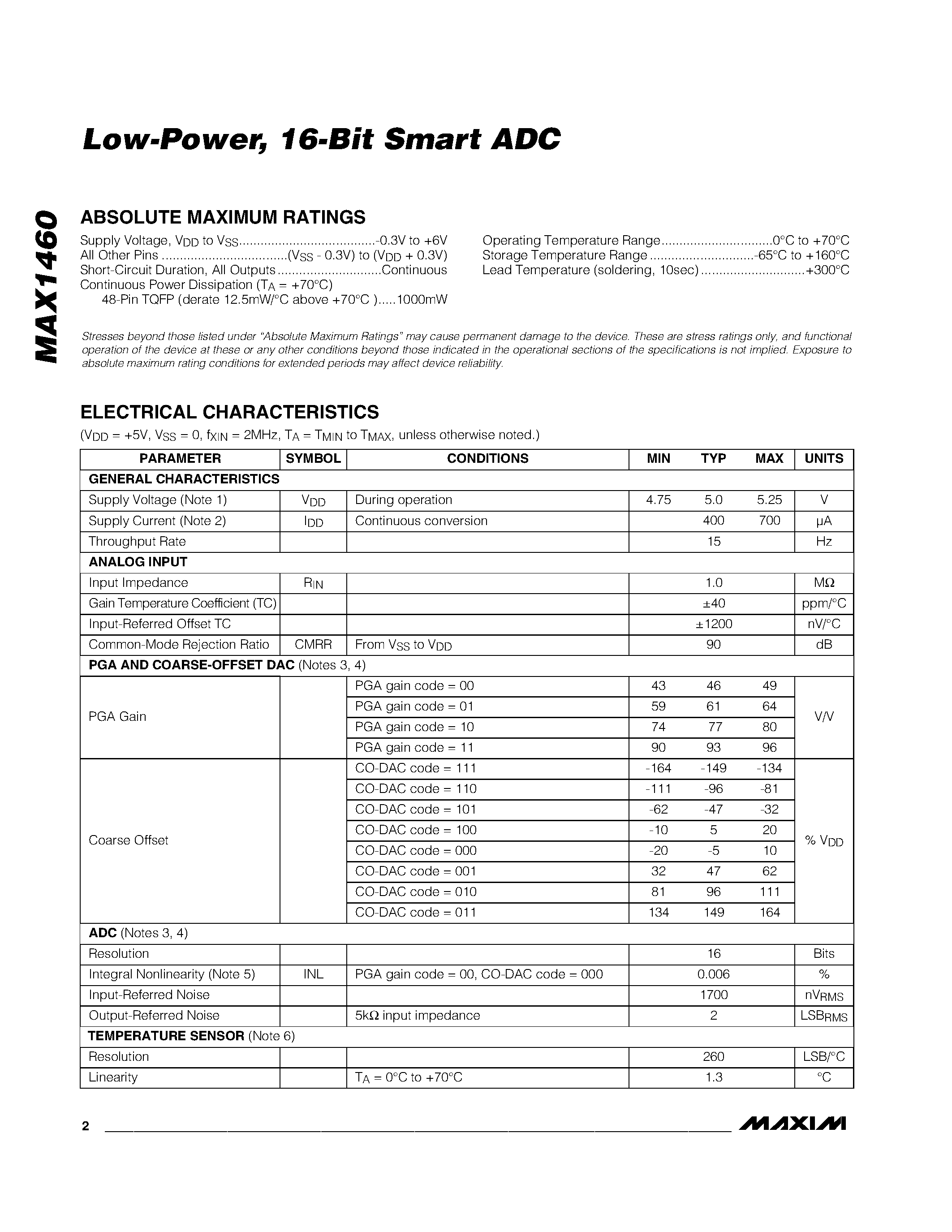 Datasheet MAX1460 - Low-Power / 16-Bit Smart ADC page 2