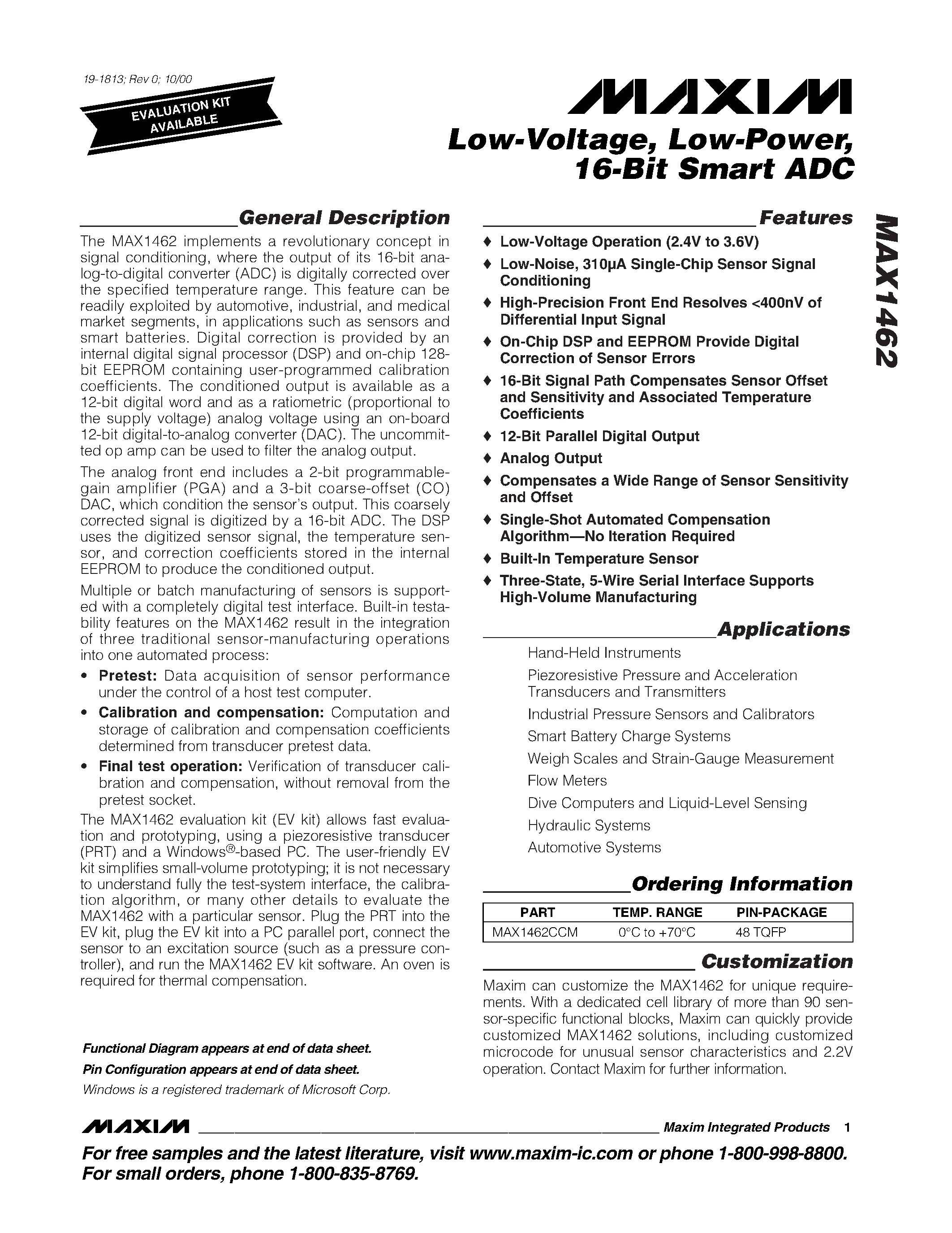 Datasheet MAX1462 - Low-Voltage / Low-Power / 16-Bit Smart ADC page 1