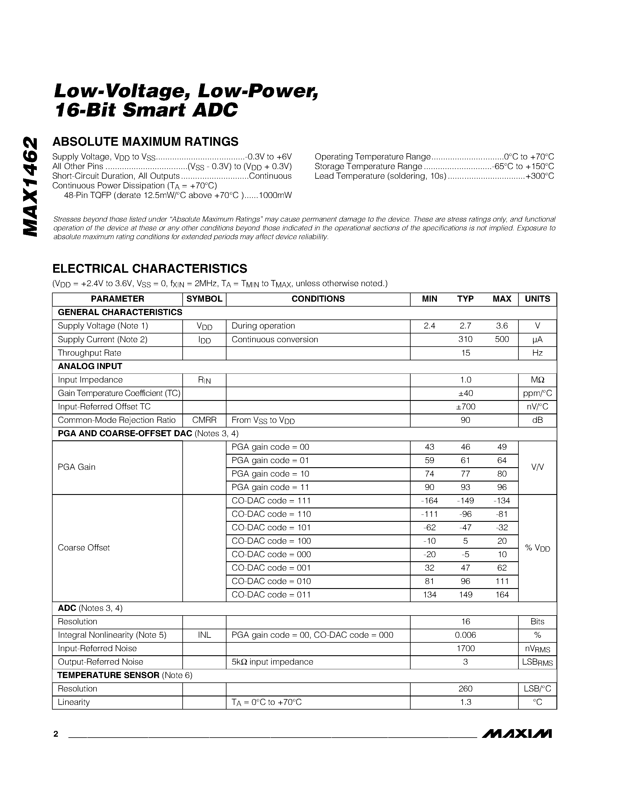 Datasheet MAX1462 - Low-Voltage / Low-Power / 16-Bit Smart ADC page 2
