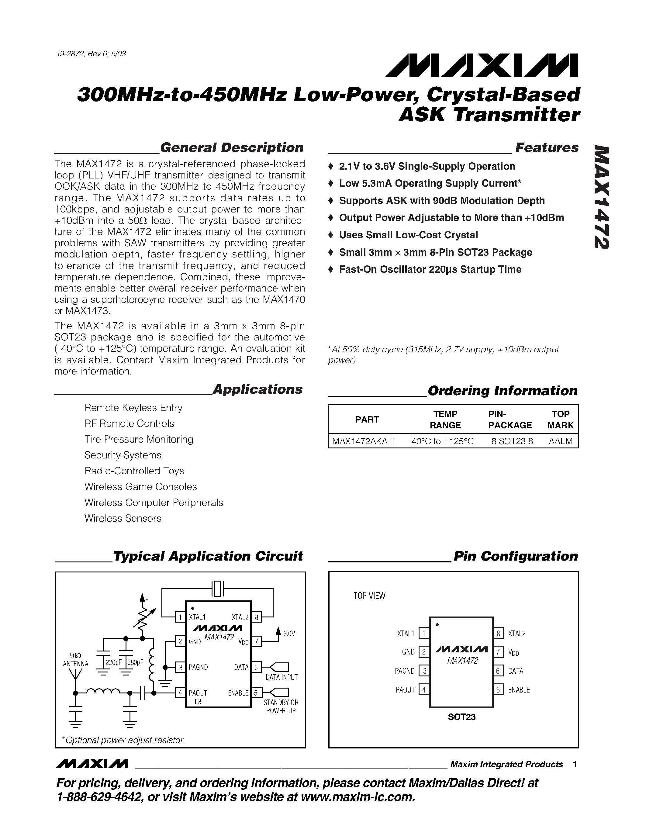 Даташит MAX1472AKA-T - 300MHz-to-450MHz Low-Power / Crystal-Based ASK Transmitter страница 1