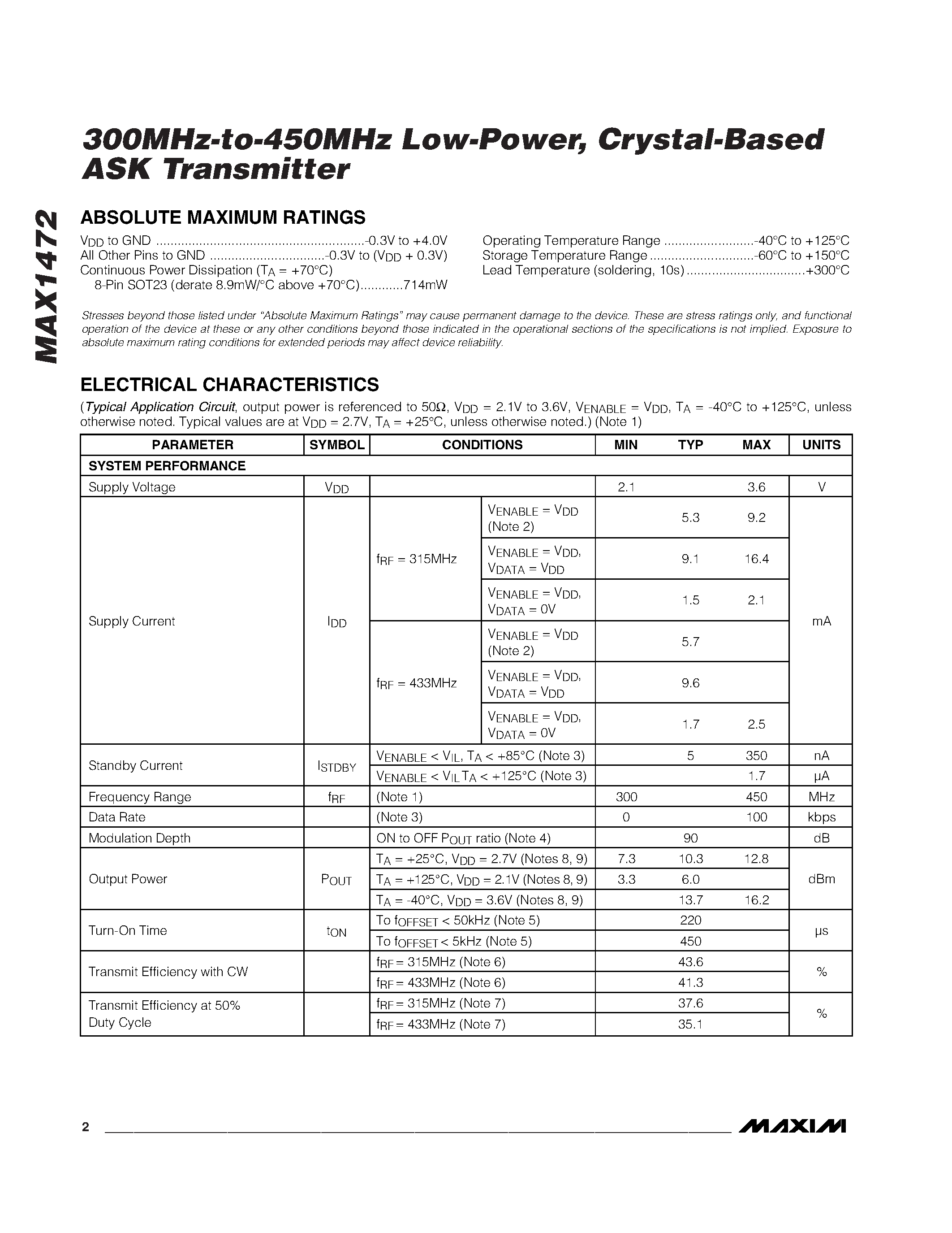 Даташит MAX1472AKA-T - 300MHz-to-450MHz Low-Power / Crystal-Based ASK Transmitter страница 2
