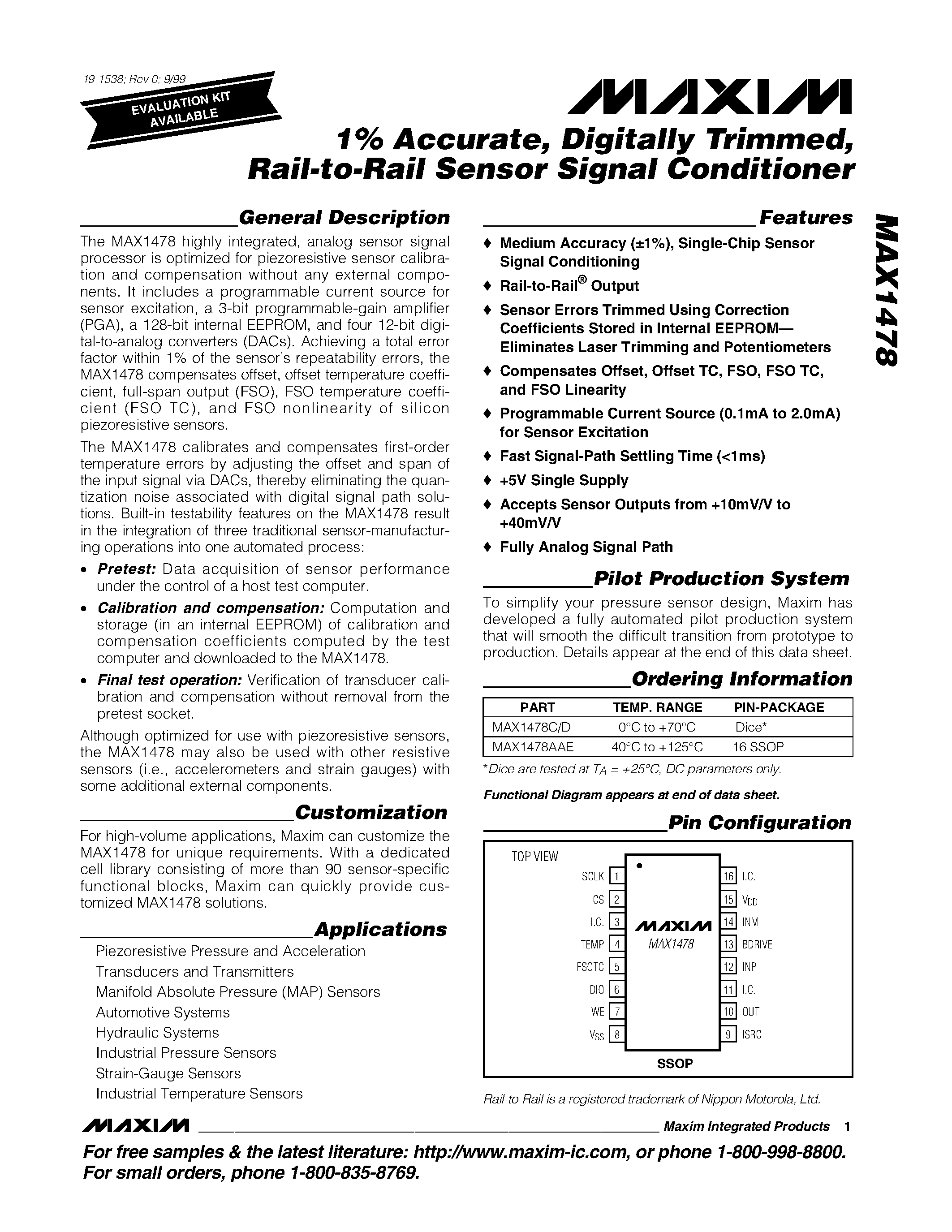 Datasheet MAX1478AAE - 1% Accurate / Digitally Trimmed /Rail-to-Rail Sensor Signal Conditioner page 1