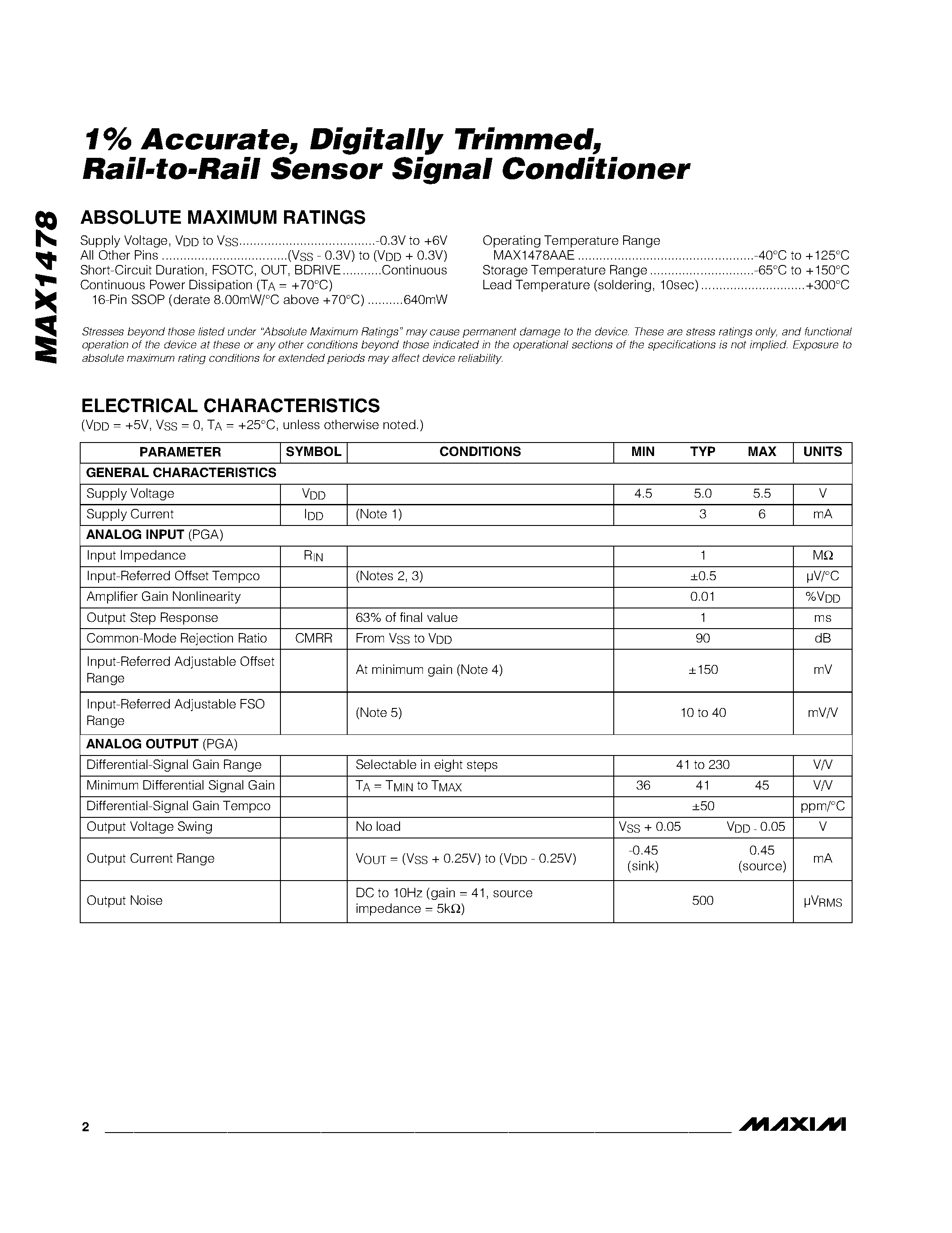 Datasheet MAX1478AAE - 1% Accurate / Digitally Trimmed /Rail-to-Rail Sensor Signal Conditioner page 2