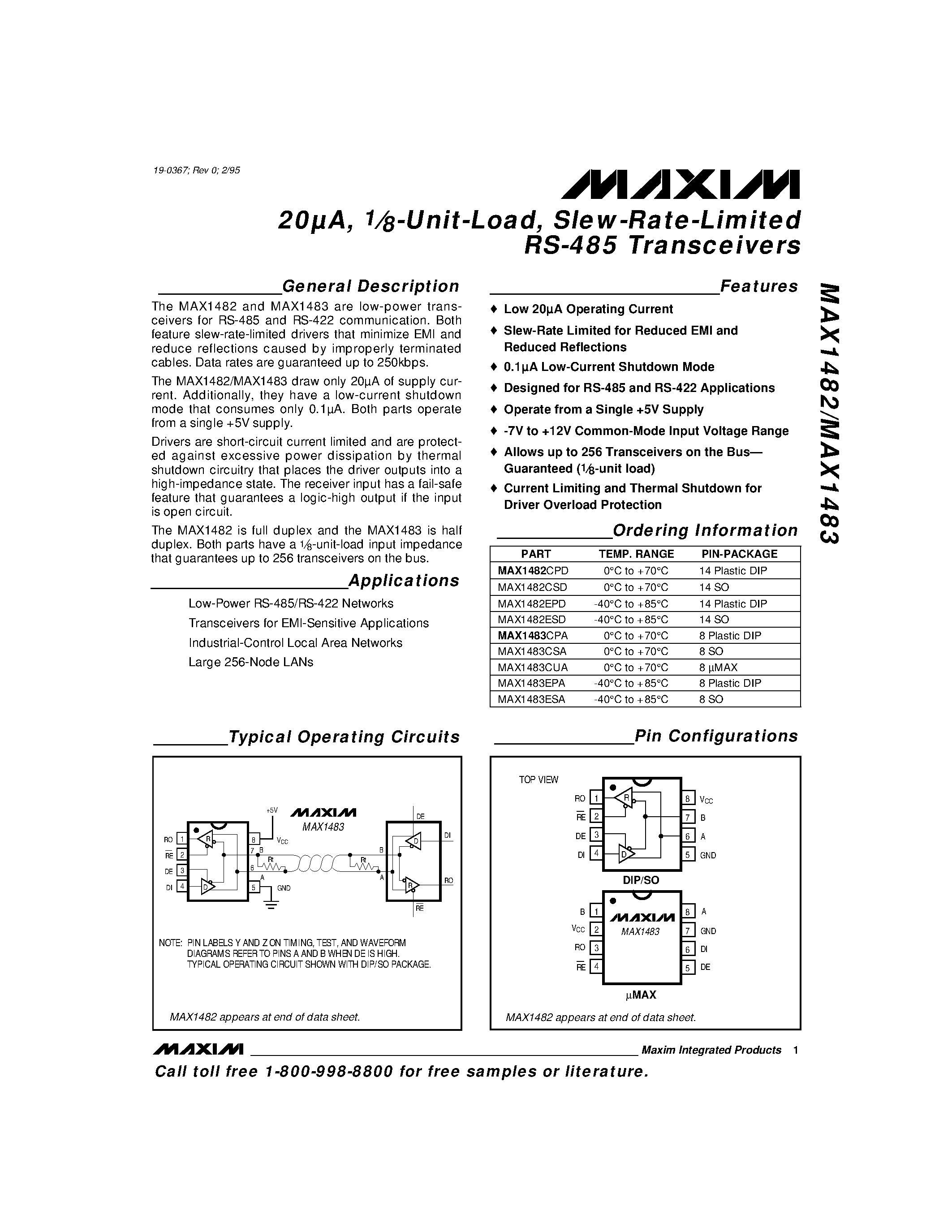 Datasheet MAX1483CPA - 20A / 1.8-Unit-Load / Slew-Rate-Limited RS-485 Transceivers page 1