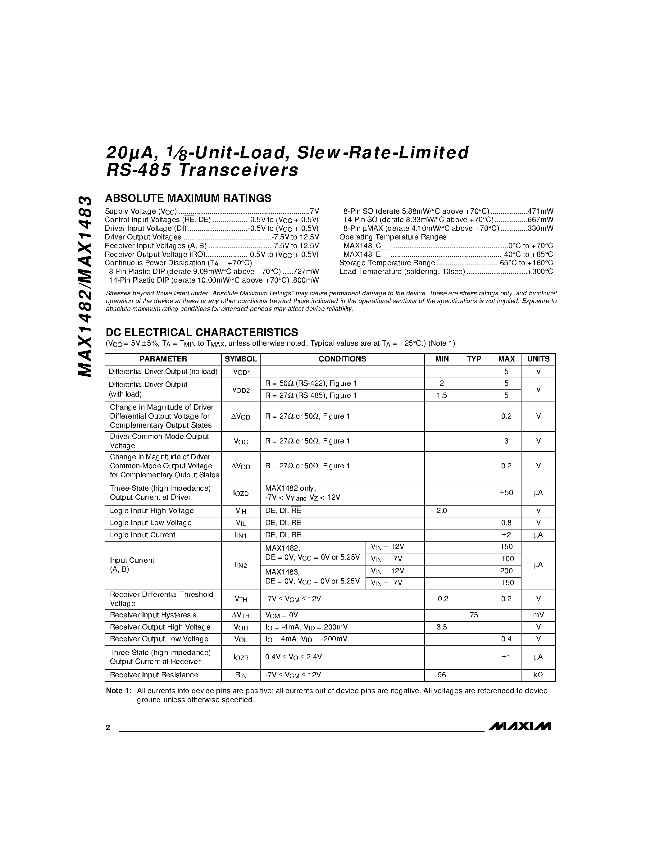 Datasheet MAX1483CUA - 20A / 1.8-Unit-Load / Slew-Rate-Limited RS-485 Transceivers page 2